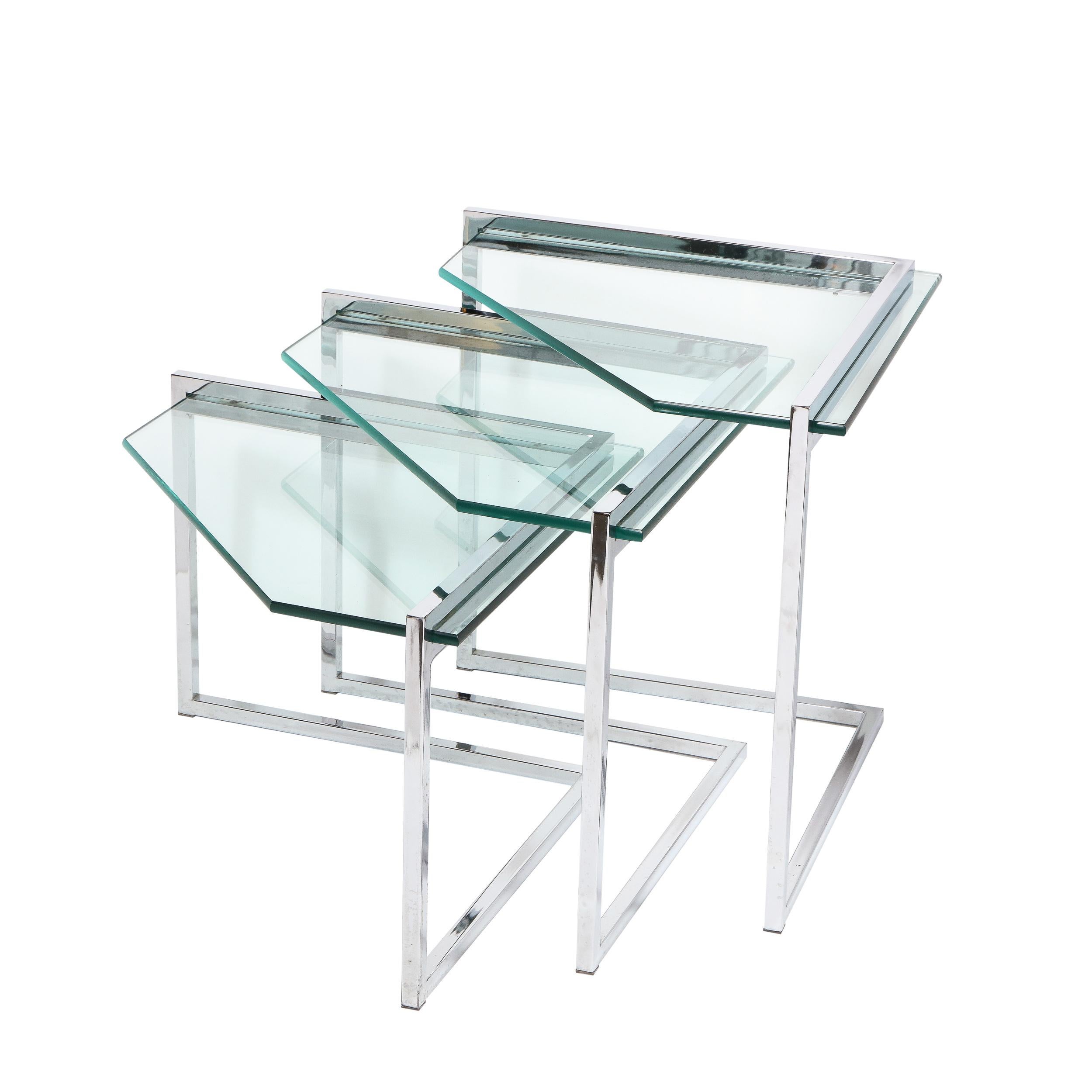 Set of Three Mid-Century Modern Geometric Chrome and Glass Chevron Form Tables 8