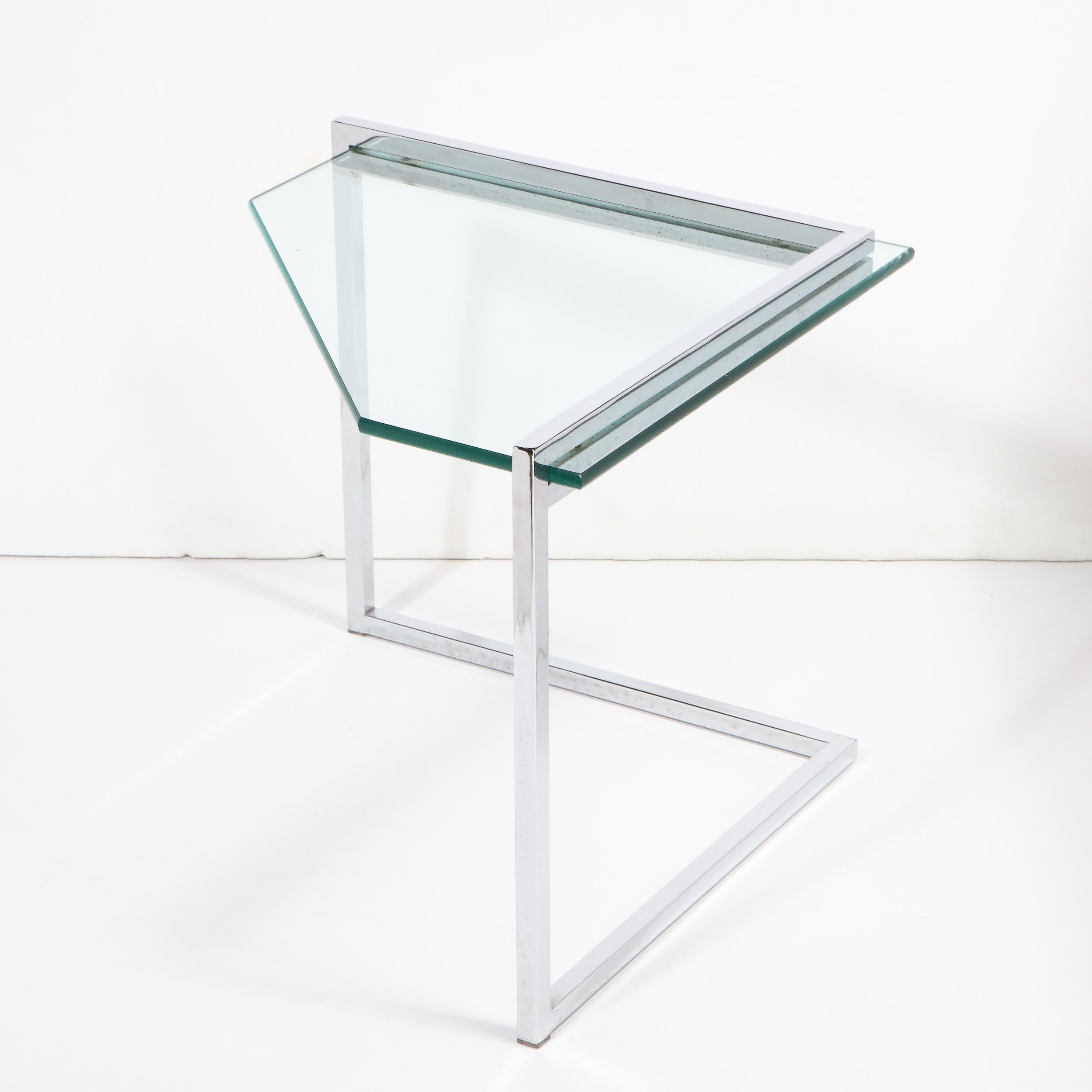 Set of Three Mid-Century Modern Geometric Chrome and Glass Chevron Form Tables 9
