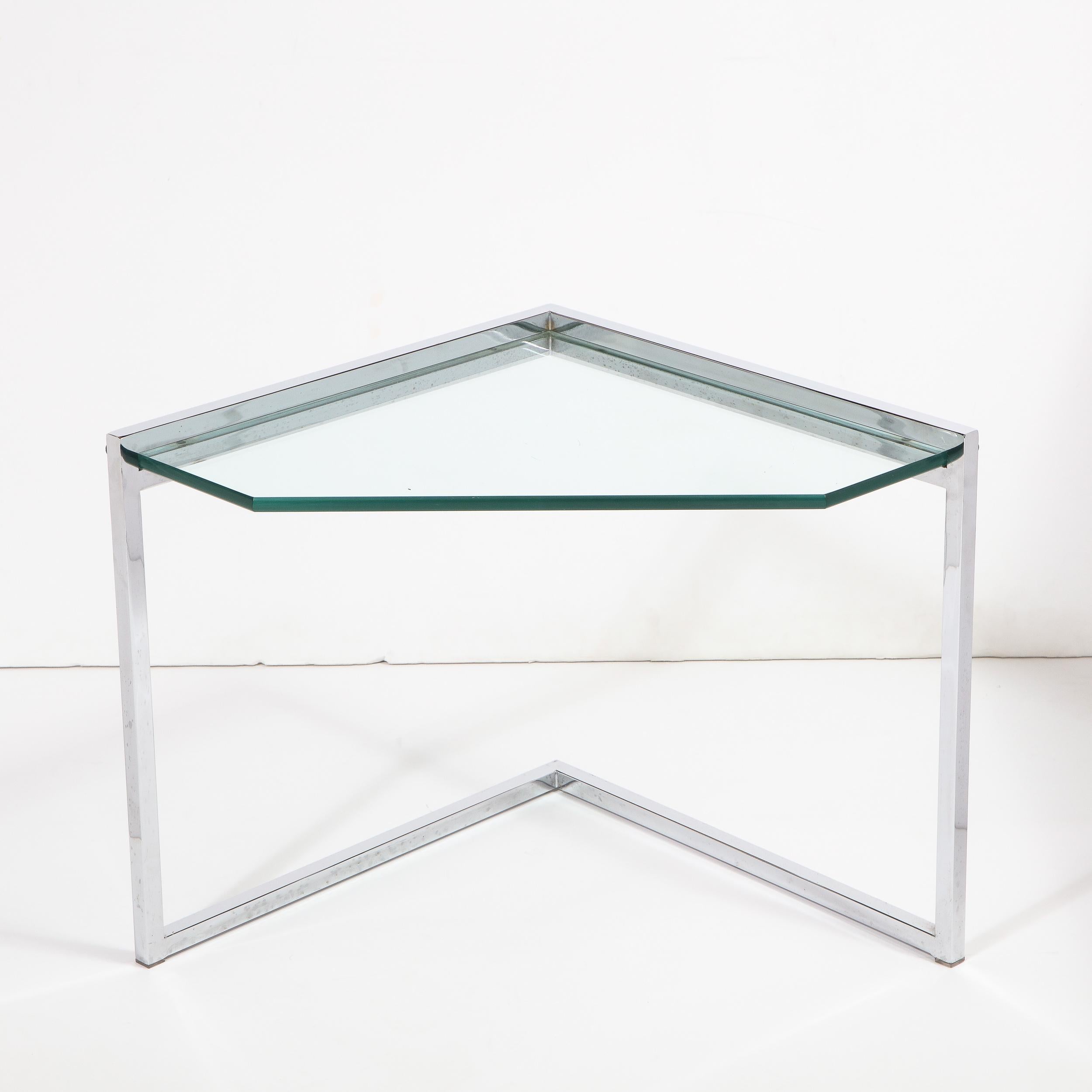 Set of Three Mid-Century Modern Geometric Chrome and Glass Chevron Form Tables 12