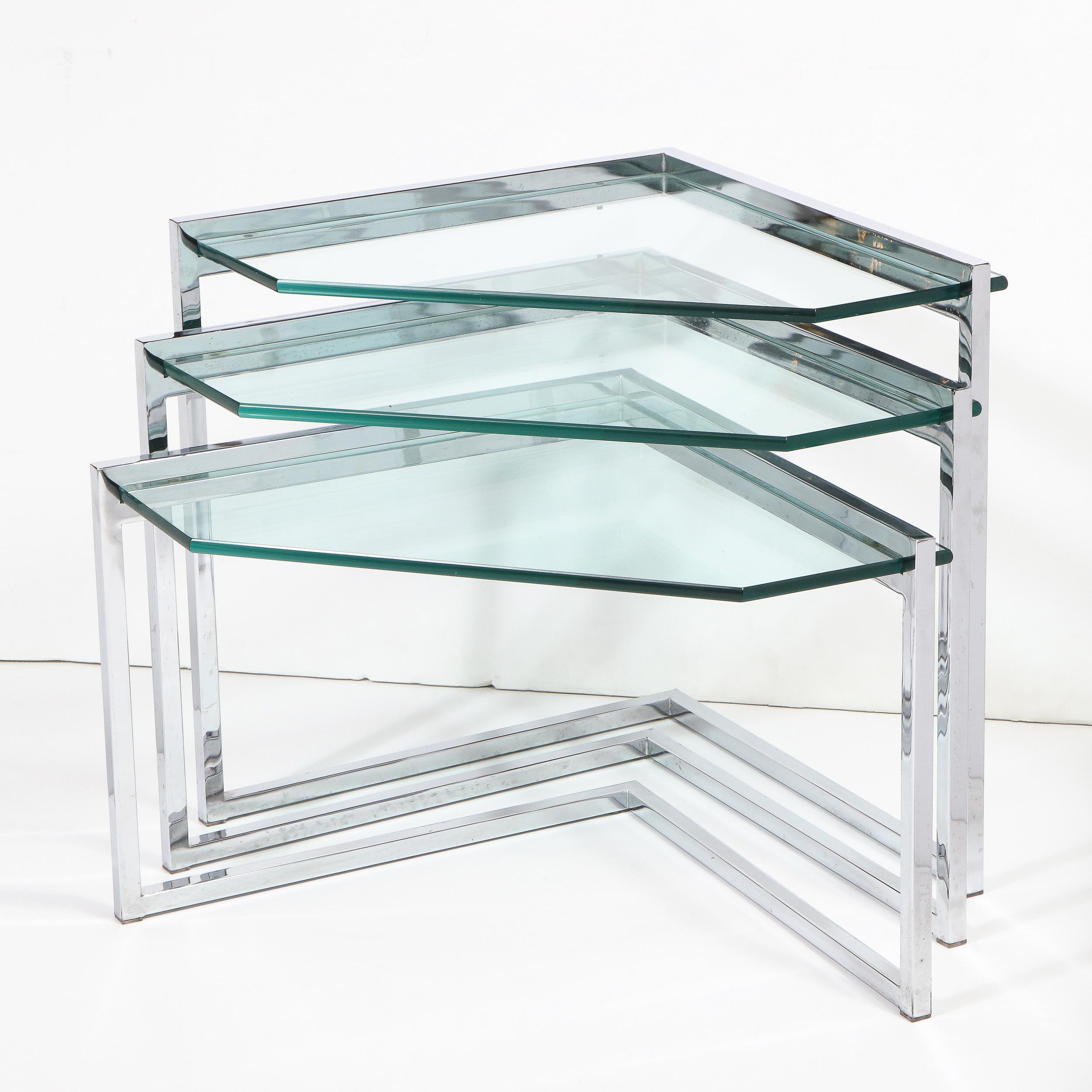 American Set of Three Mid-Century Modern Geometric Chrome and Glass Chevron Form Tables