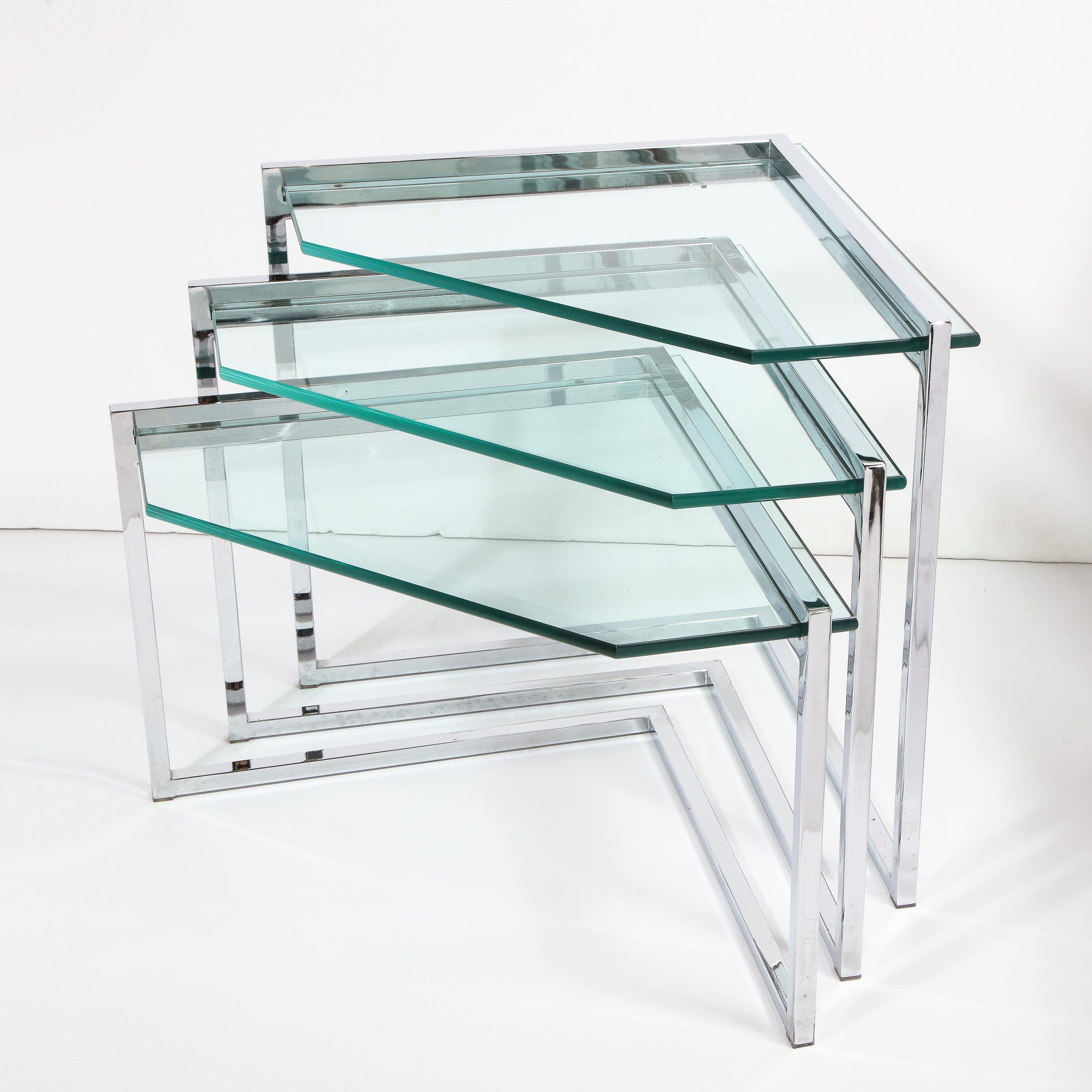 Set of Three Mid-Century Modern Geometric Chrome and Glass Chevron Form Tables In Excellent Condition In New York, NY