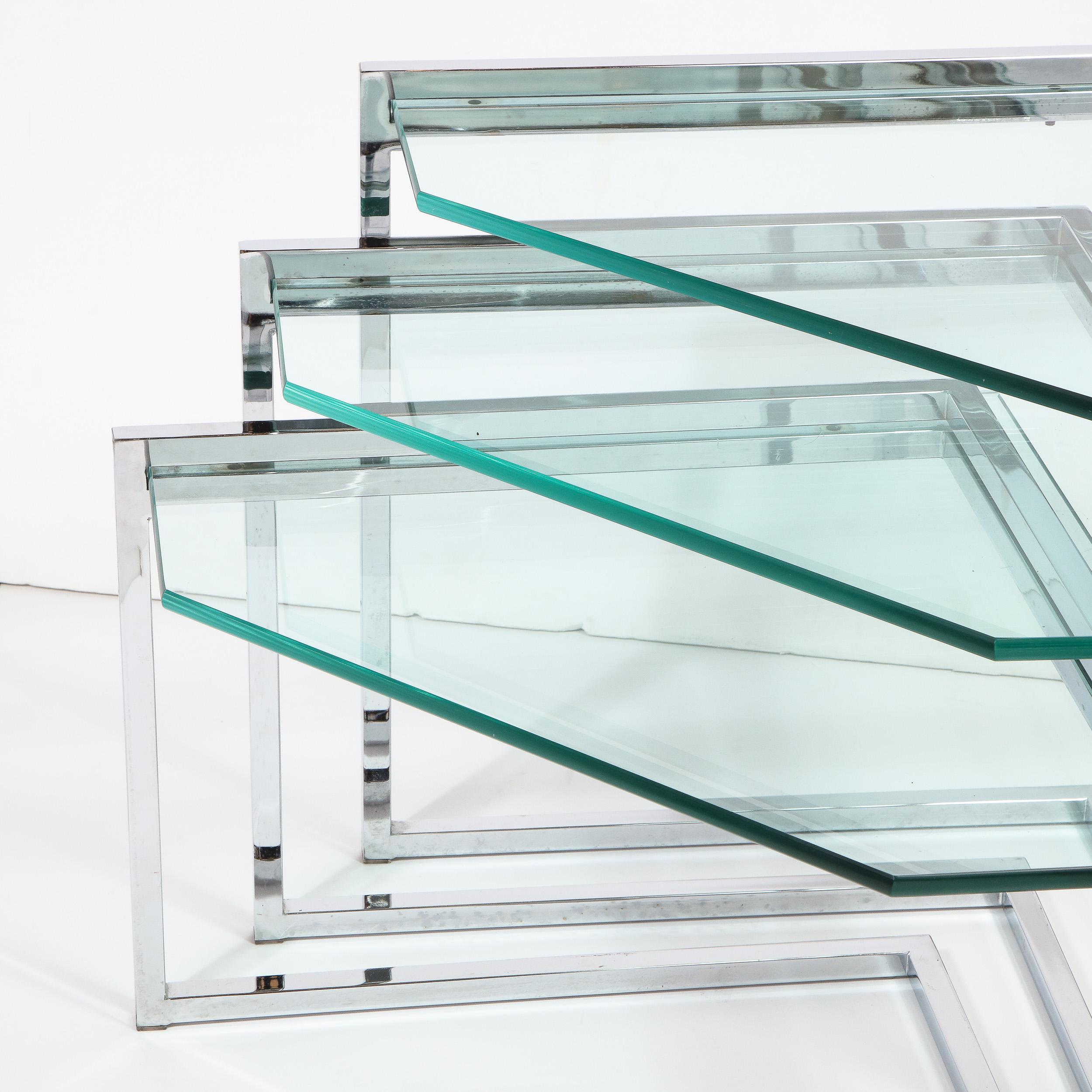 Late 20th Century Set of Three Mid-Century Modern Geometric Chrome and Glass Chevron Form Tables