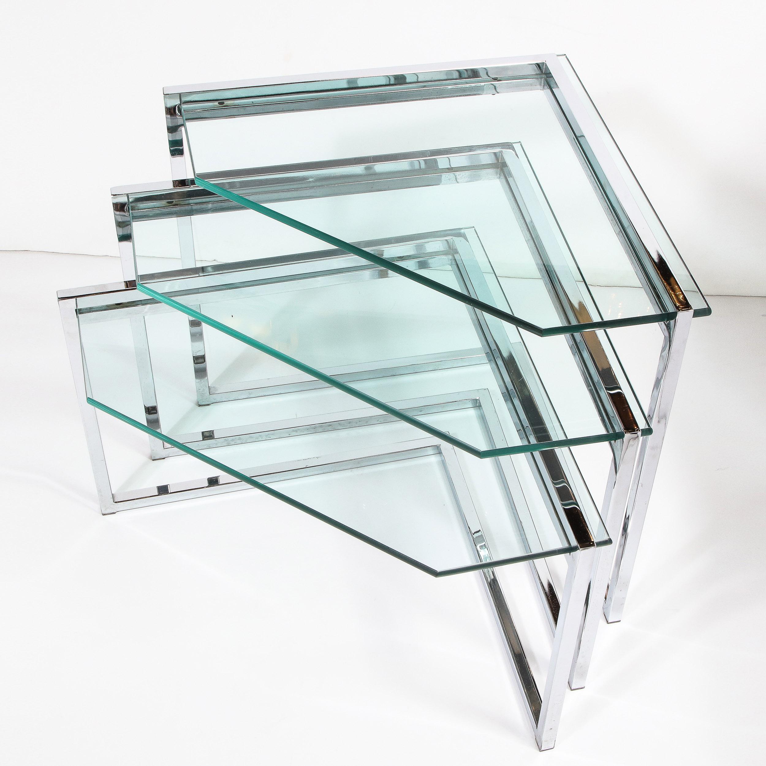 Set of Three Mid-Century Modern Geometric Chrome and Glass Chevron Form Tables 2