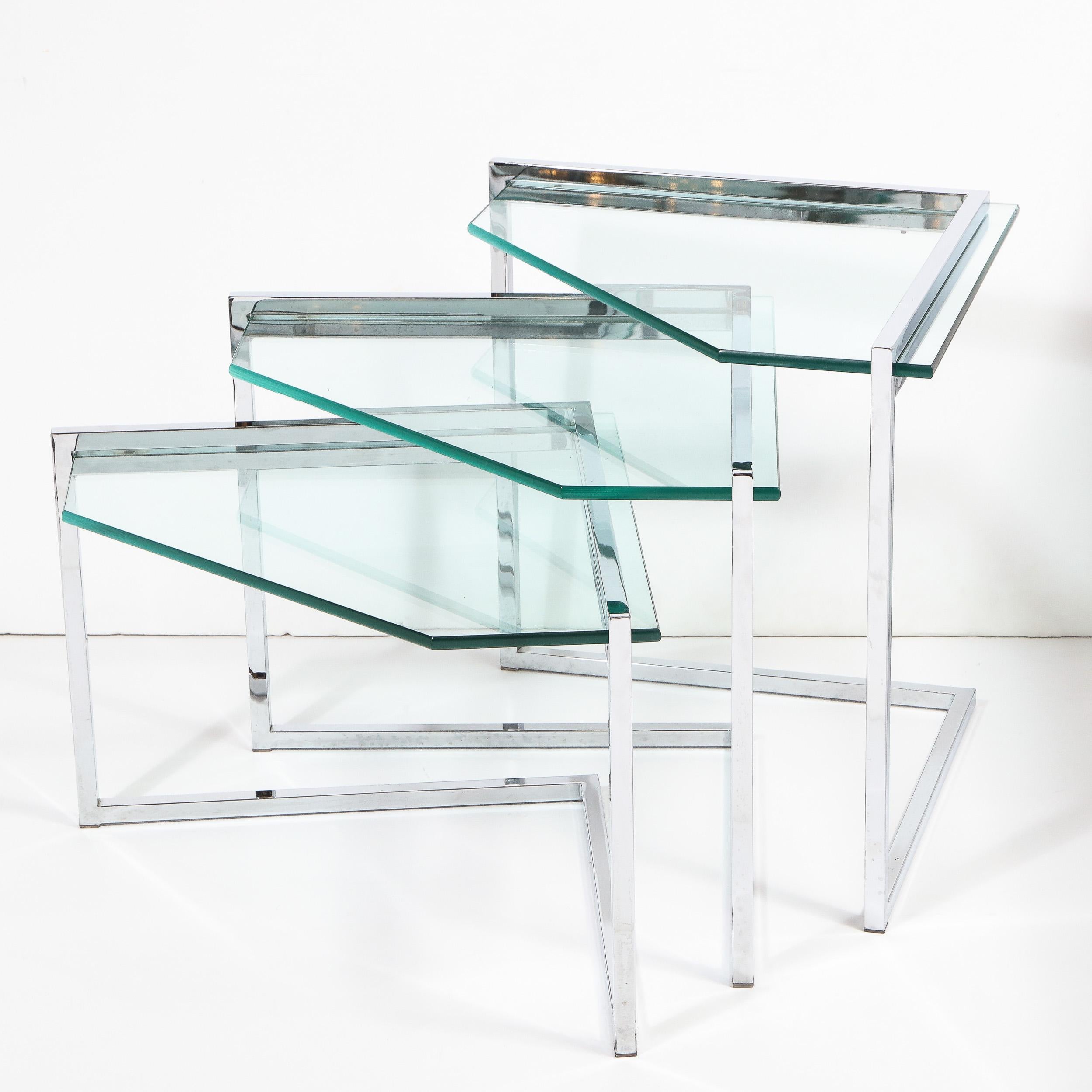 Set of Three Mid-Century Modern Geometric Chrome and Glass Chevron Form Tables 3