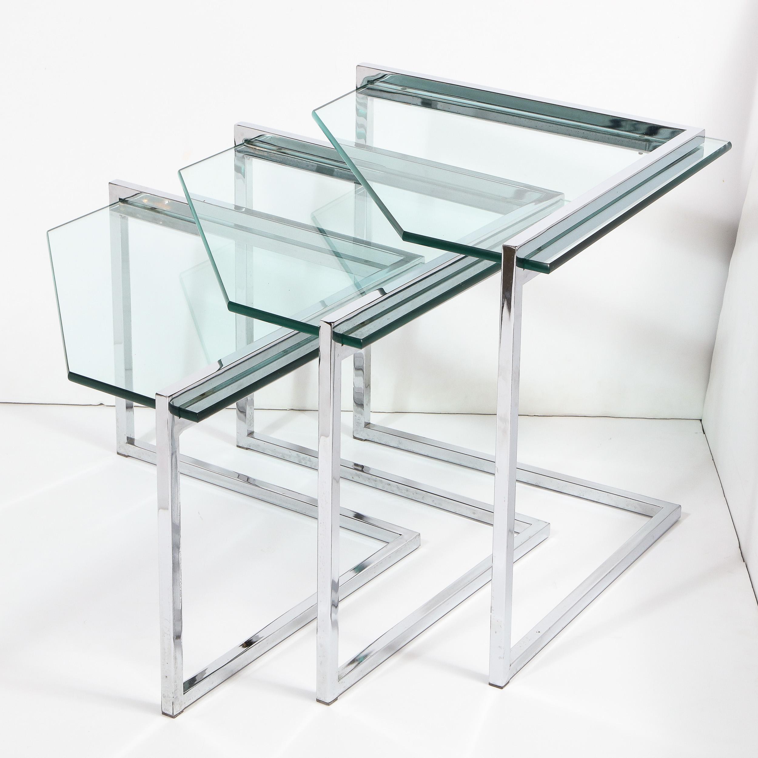 Set of Three Mid-Century Modern Geometric Chrome and Glass Chevron Form Tables 4