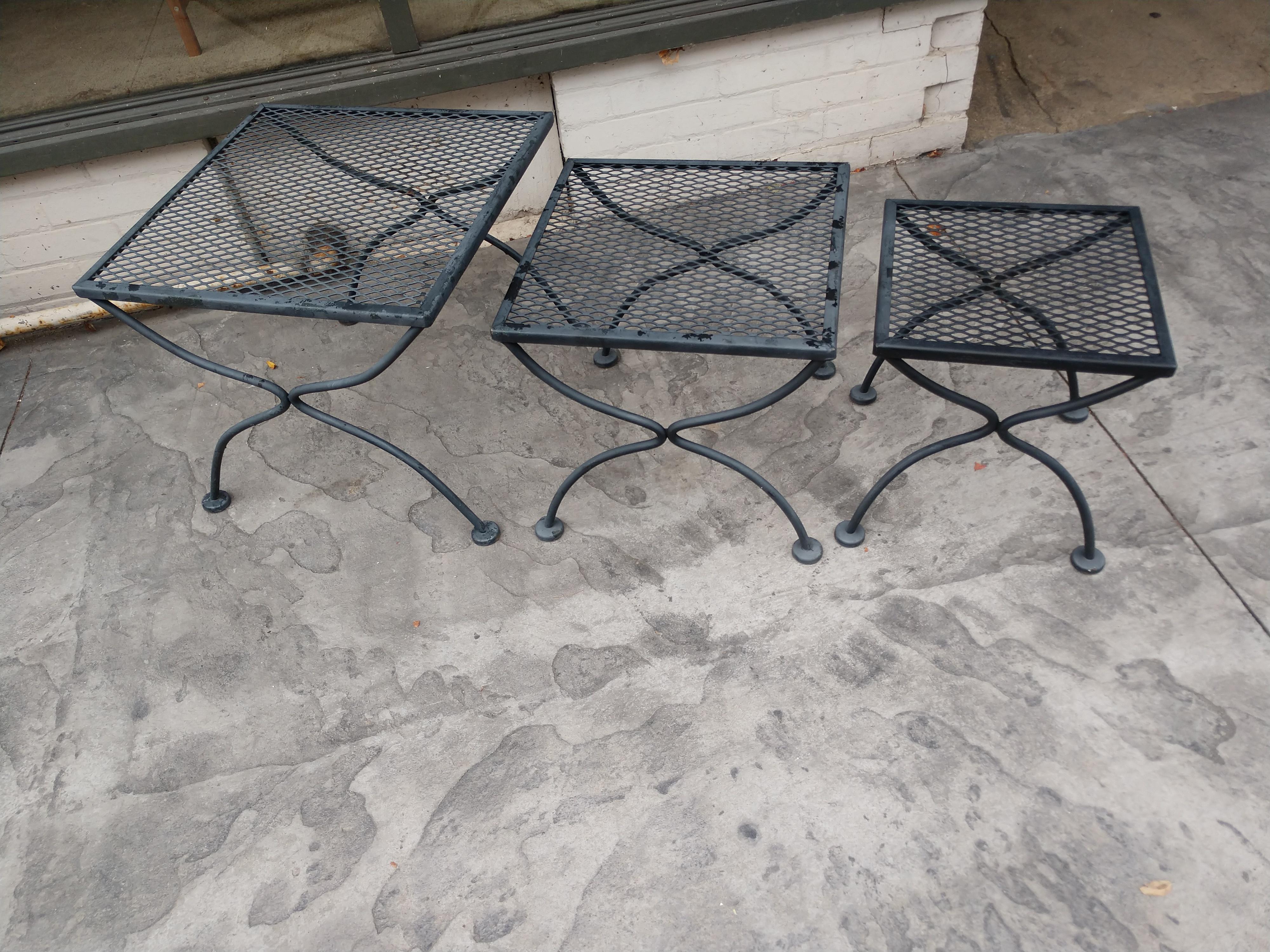 Set of 3 nesting, stacking tables in iron mesh. Sizes are 19.5 x 19.5 x 16.5, 16 x 16 x 15 H, and 12.5 x 12.5 x 14.5 H
Painted black, but easily changed to meet your decorating taste.
Set of 6 radar chairs in a different listing along with a