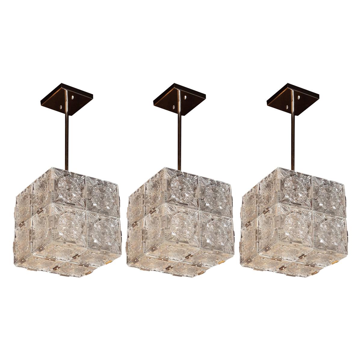 Set of Three Mid-Century Modern Pendants with Etched Glass & Chrome by Kinkeldey
