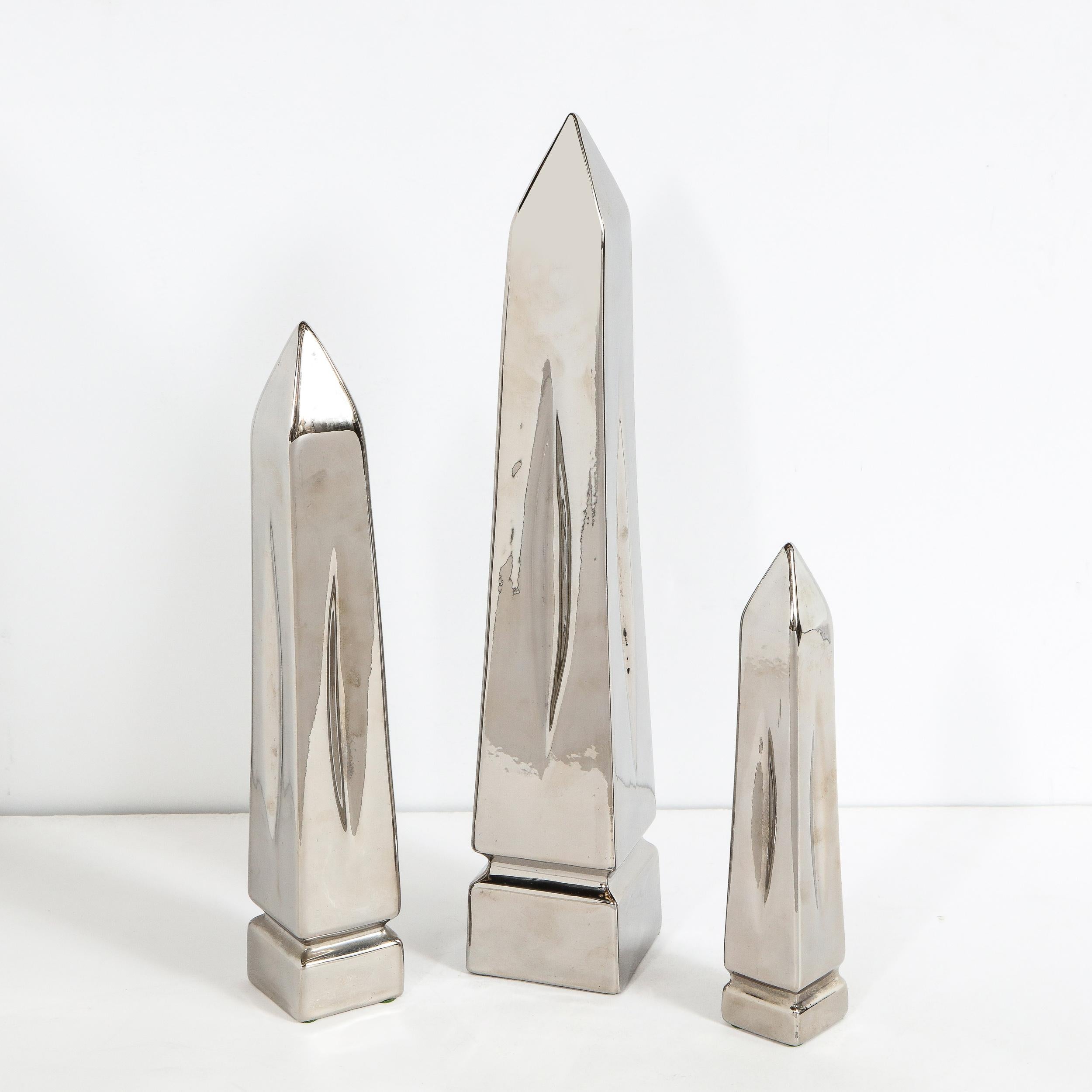 American Set of Three Mid-Century Modern Platinum Plated Obelisk Sculptures Signed Jaru