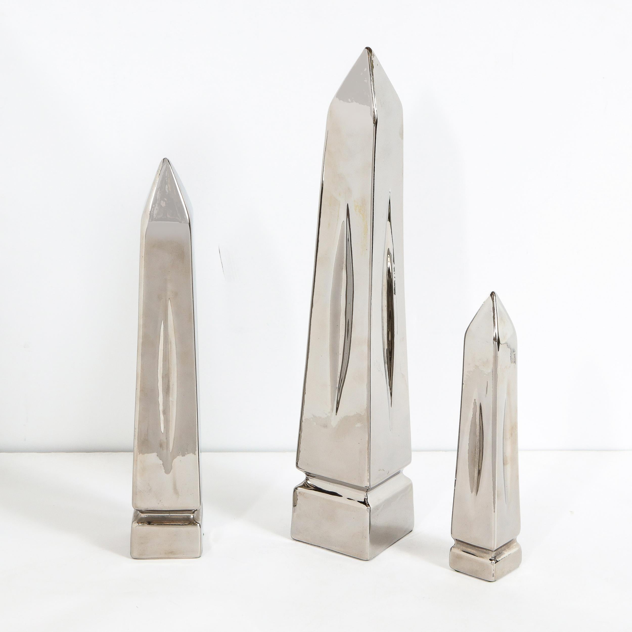 Late 20th Century Set of Three Mid-Century Modern Platinum Plated Obelisk Sculptures Signed Jaru