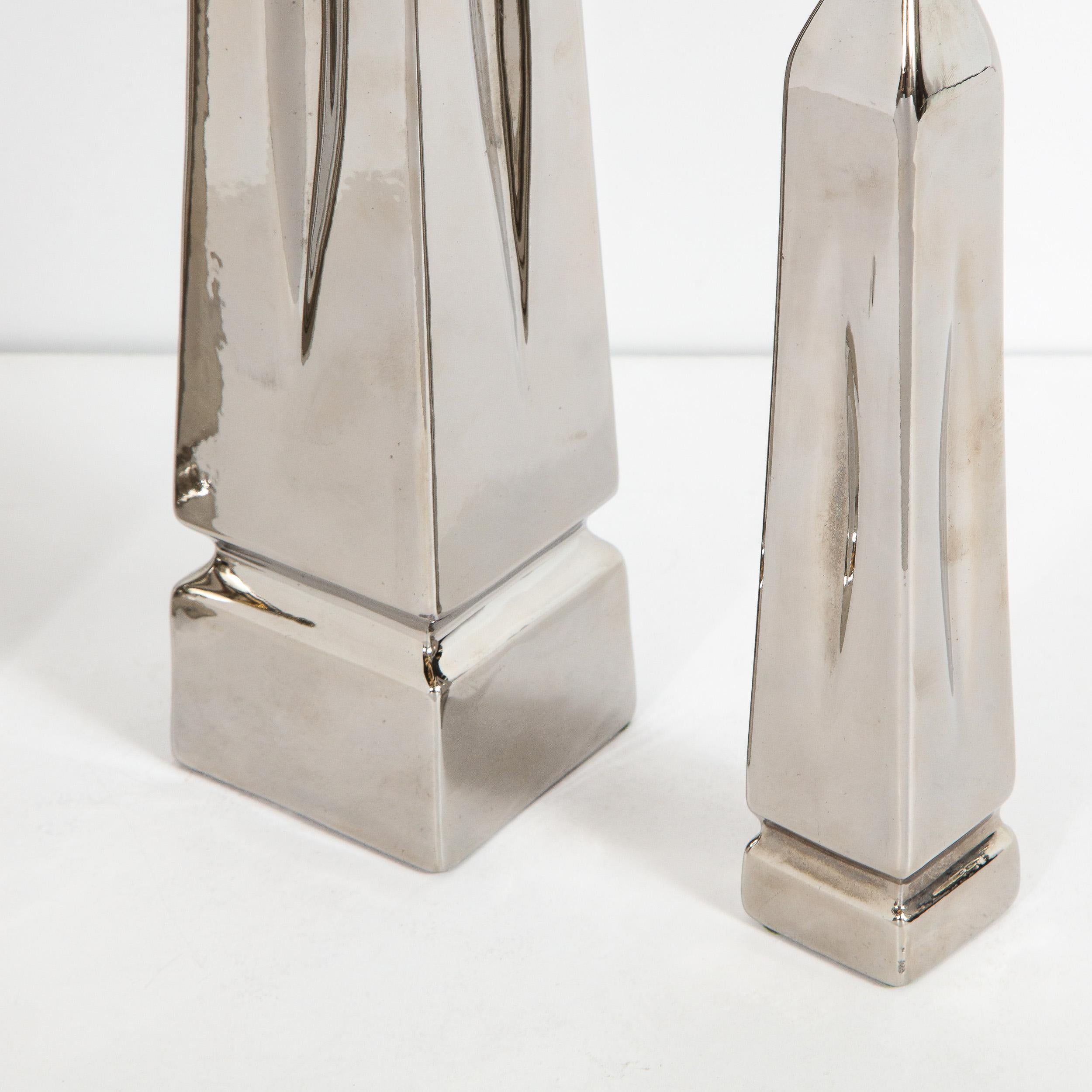 Set of Three Mid-Century Modern Platinum Plated Obelisk Sculptures Signed Jaru 1