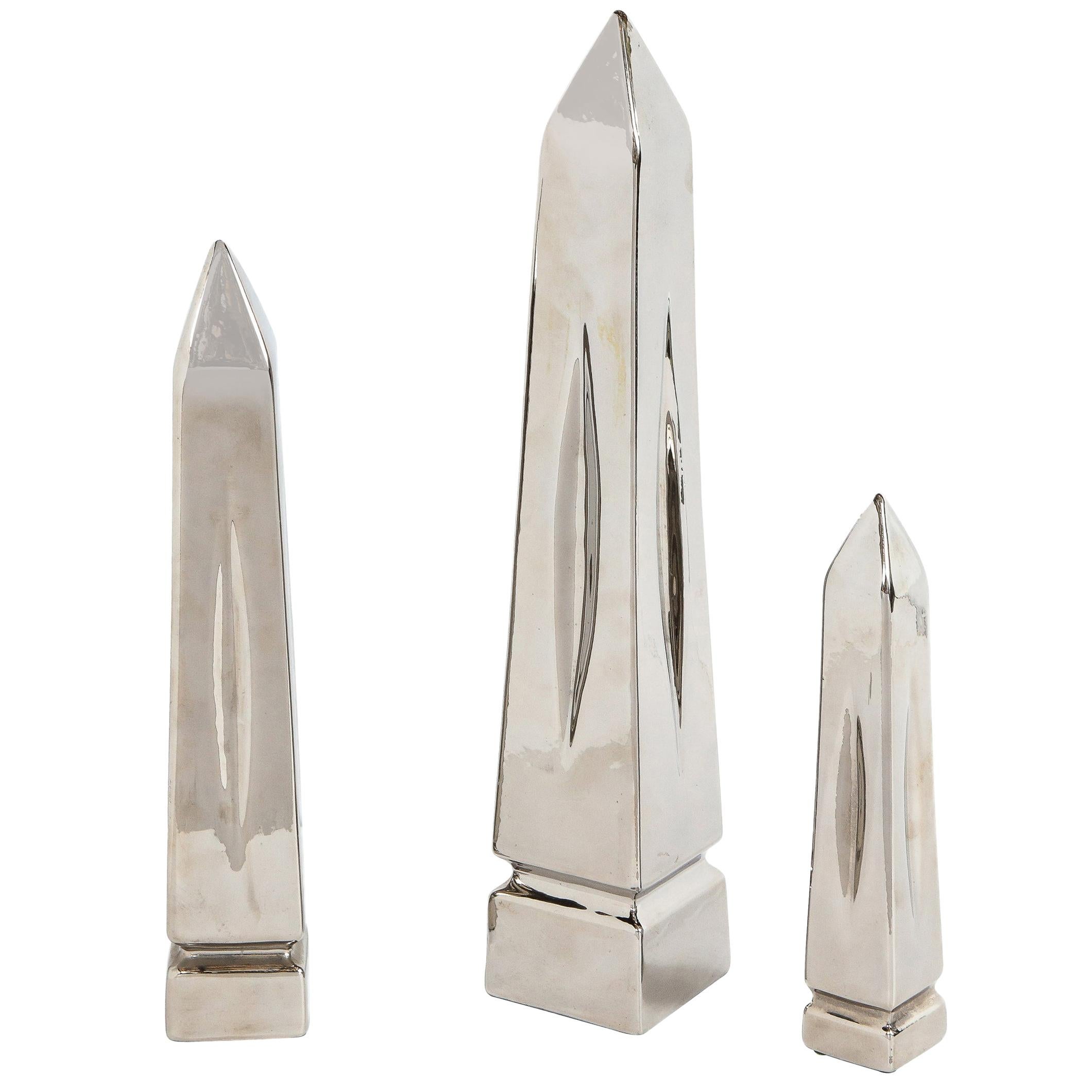 Set of Three Mid-Century Modern Platinum Plated Obelisk Sculptures Signed Jaru For Sale