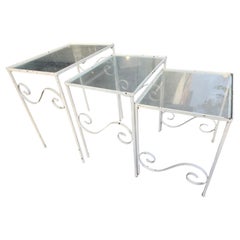 Set of Three Mid-Century Modern Stacking Tables Iron and Glass Tops By Salterini