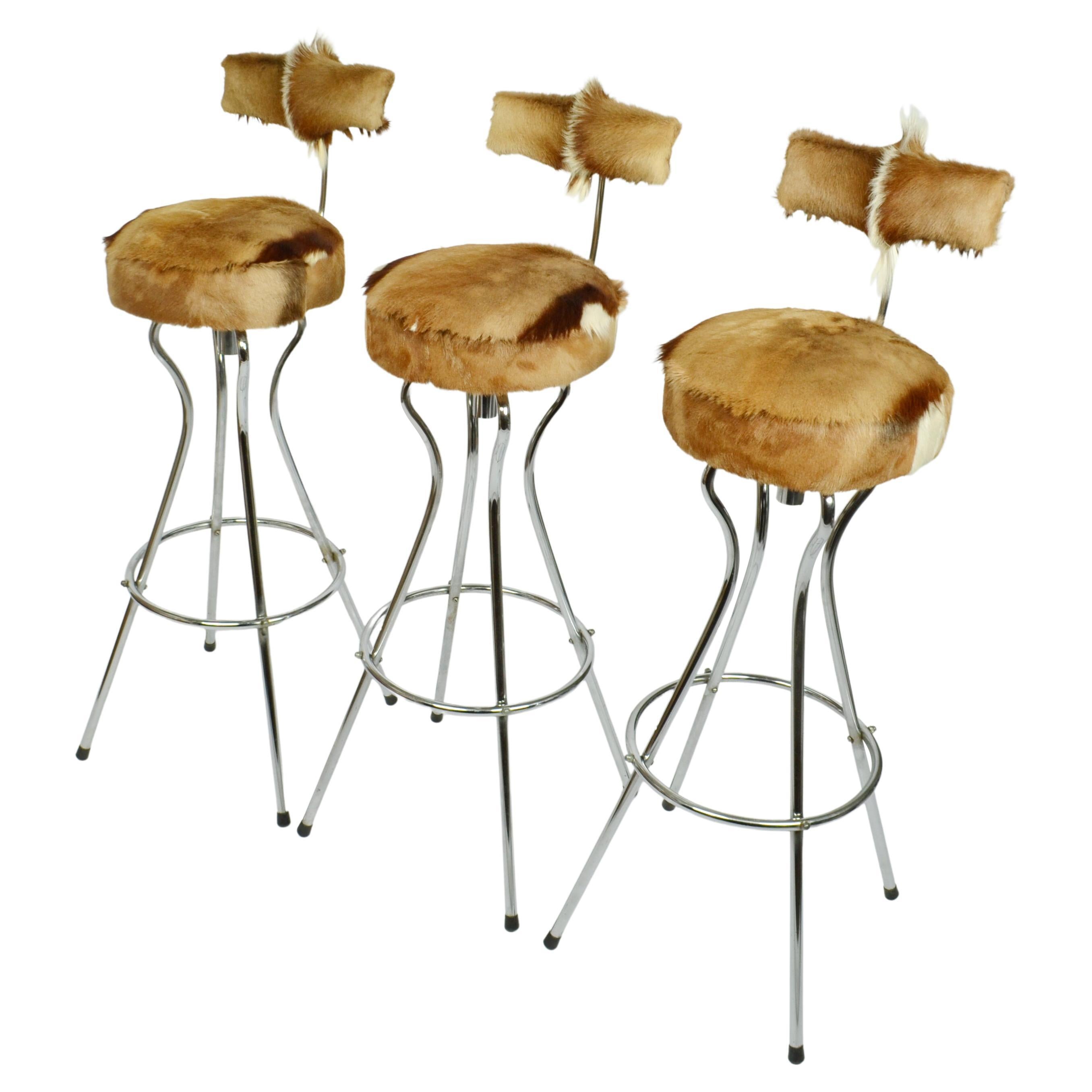 Set of Three Mid-Century Modern Swivel Bar Stools, Chrome & Goatskin