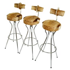 Set aus drei drehbaren Barhockern im Mid-Century-Modern-Stil, Chrom und Ziegenleder