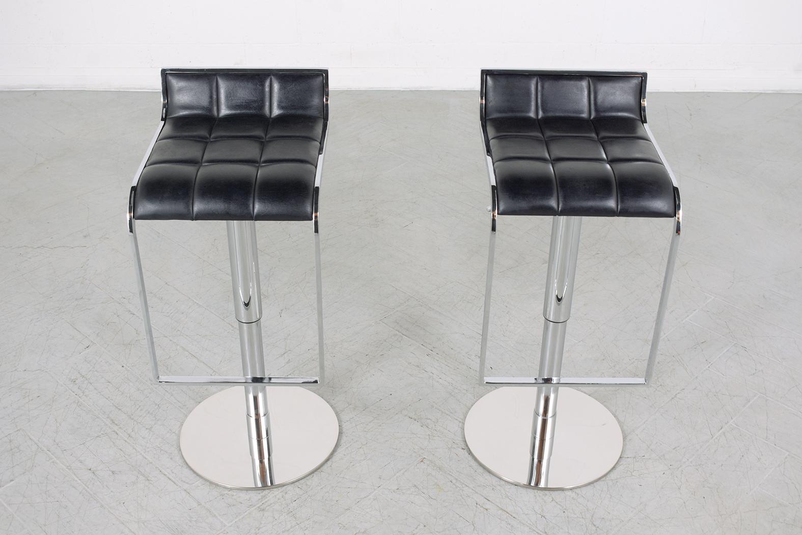 American Vintage Mid-Century Modern Chrome Barstools with Black Leather Seats For Sale