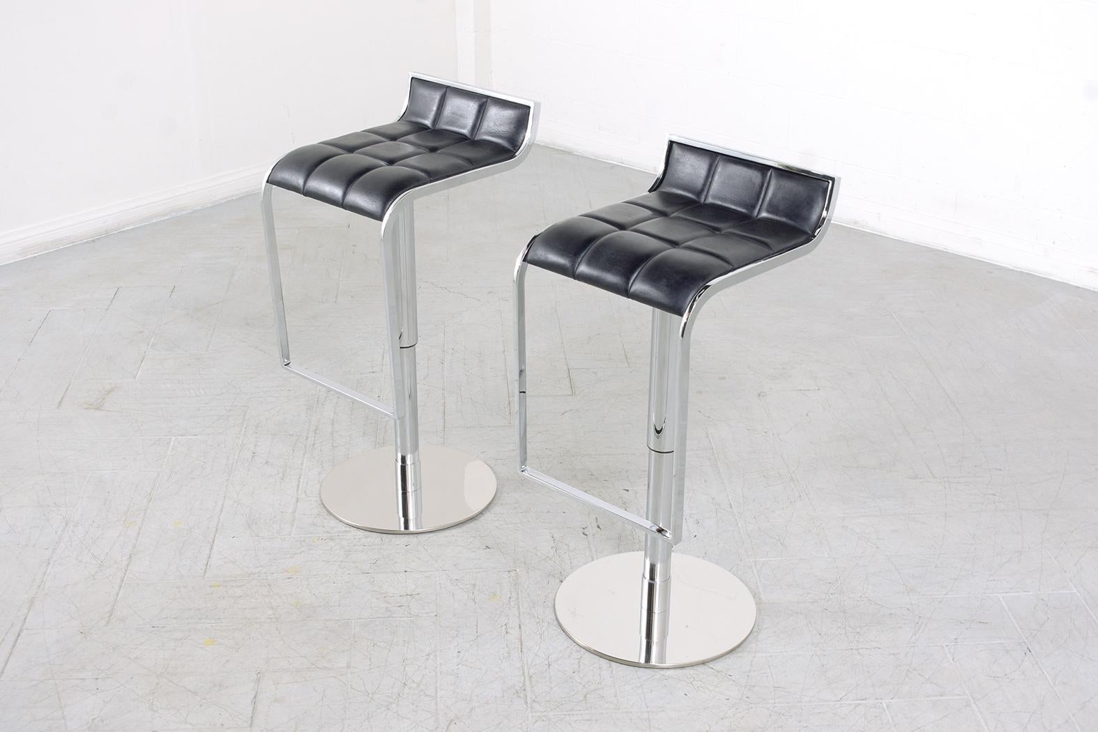 Polished Vintage Mid-Century Modern Chrome Barstools with Black Leather Seats For Sale
