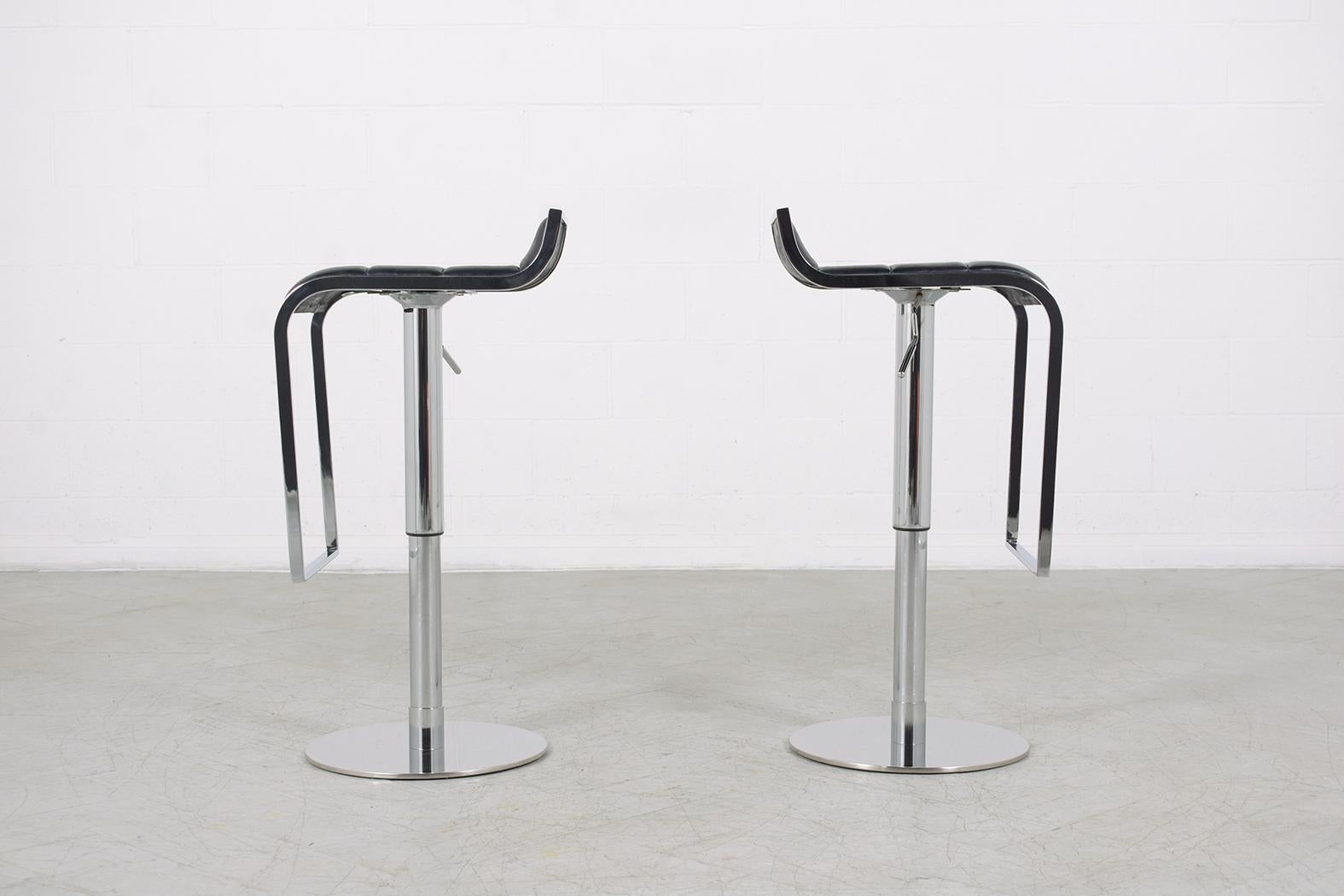 Foam Vintage Mid-Century Modern Chrome Barstools with Black Leather Seats For Sale