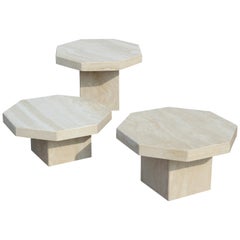 Set of Three Mid-Century Modern Travertine Hexagonal Side Tables