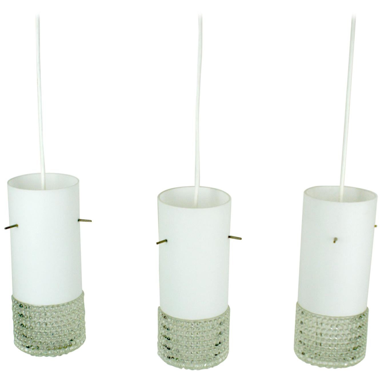 Set of Three Mid-Century Modern White Glass Pendant Lamps Attr. Staff Germany For Sale