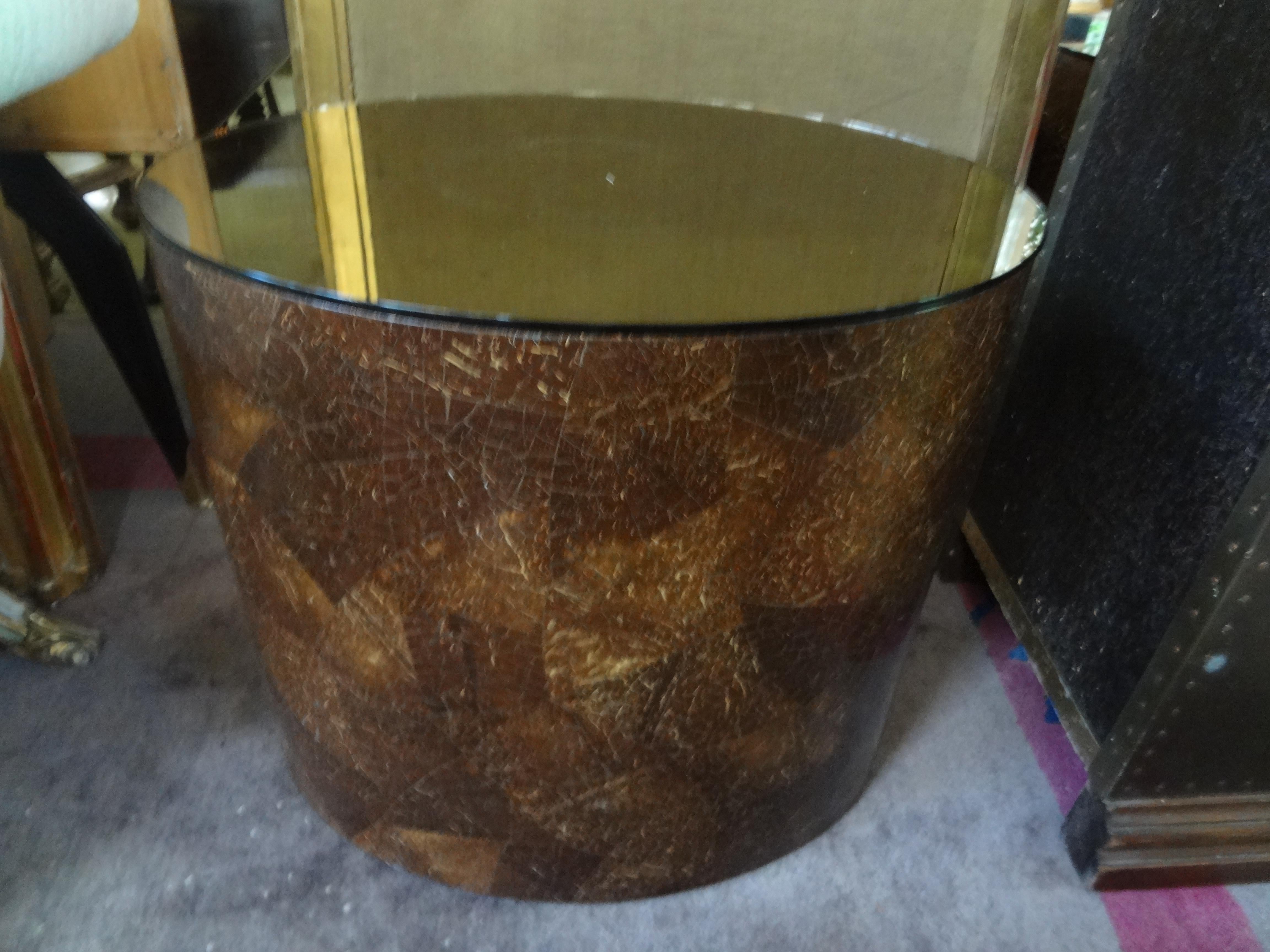 Karl Springer Style Oval Coconut Shell Tables with Bronze Mirrored Tops In Good Condition For Sale In Houston, TX