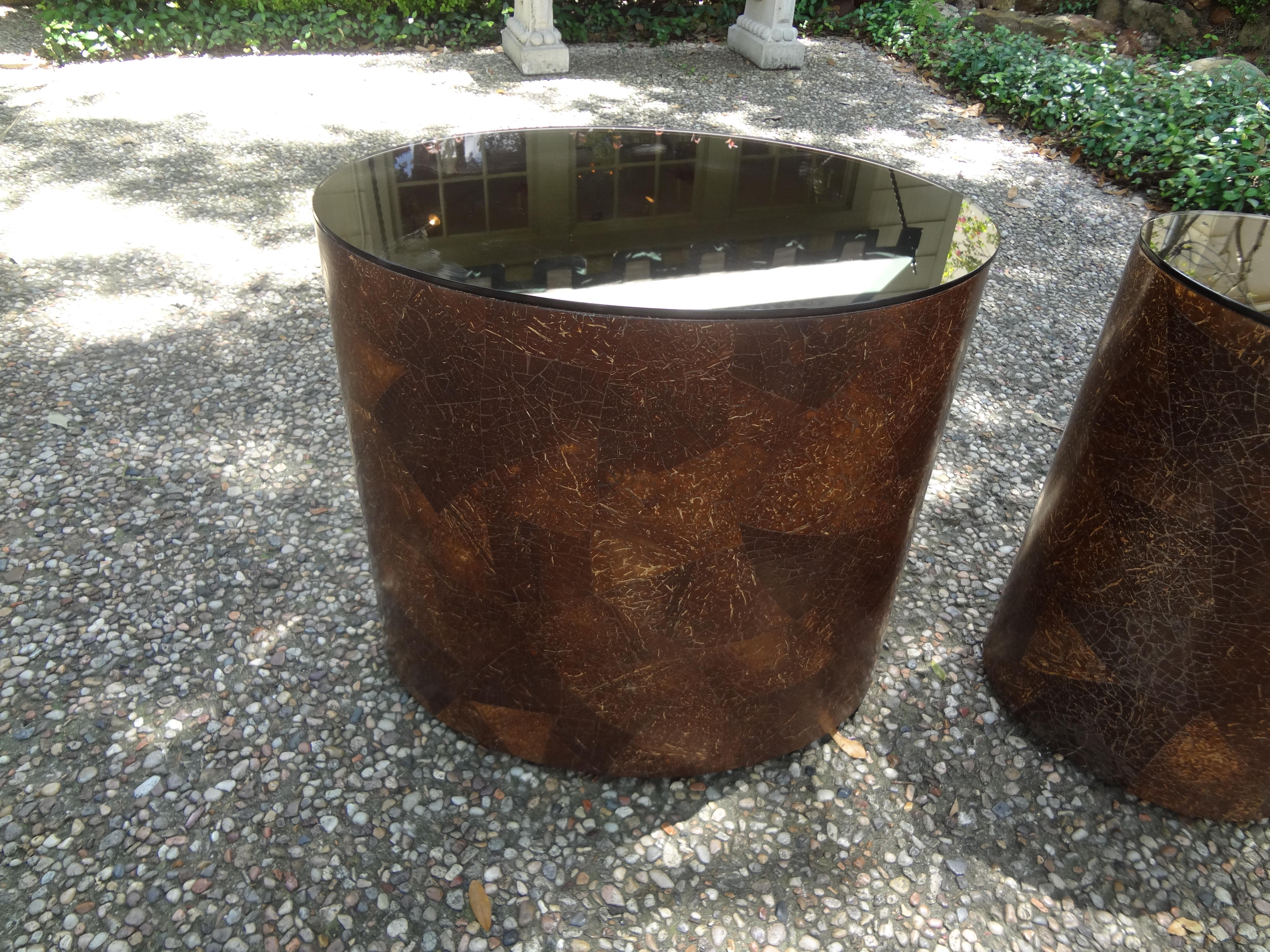 Karl Springer Style Oval Coconut Shell Tables with Bronze Mirrored Tops For Sale 2