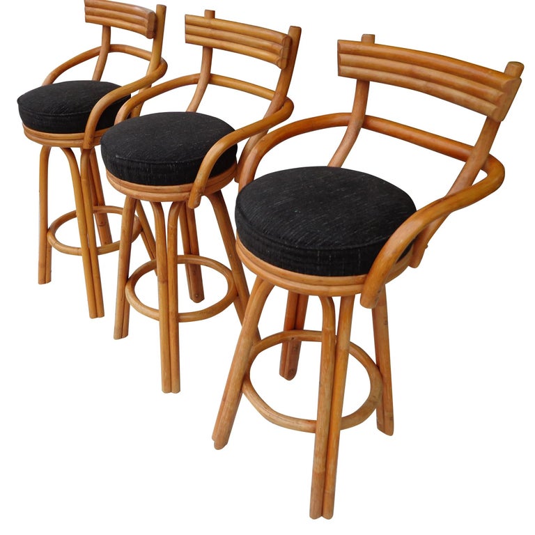 Set of Three Mid Century Paul Frankl Bamboo Bar Stools In Good Condition For Sale In Pasadena, TX