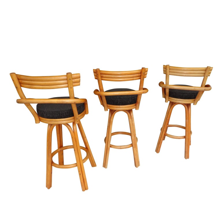 Set of Three Mid Century Paul Frankl Bamboo Bar Stools For Sale 1