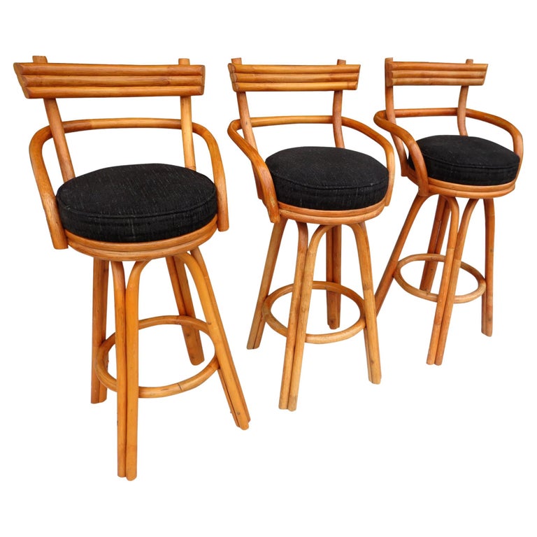 Set of Three Mid Century Paul Frankl Bamboo Bar Stools For Sale