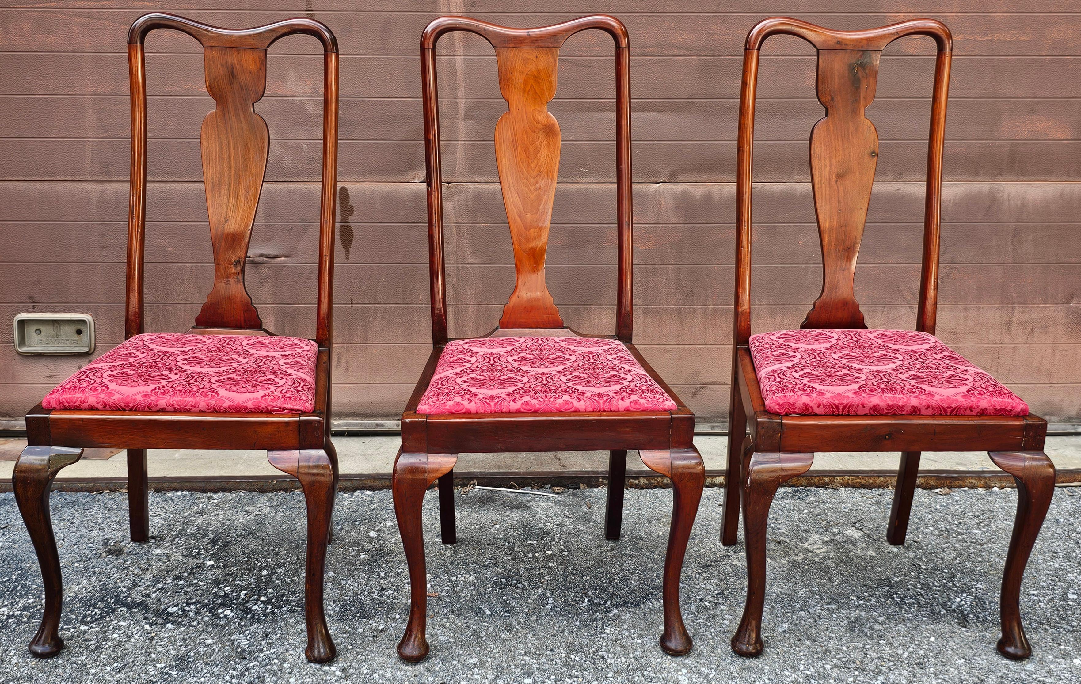 A Set of Three Mid Century Queen Anne Style Mahogany & Upholstered Dinning Chairs. Measures 20.5