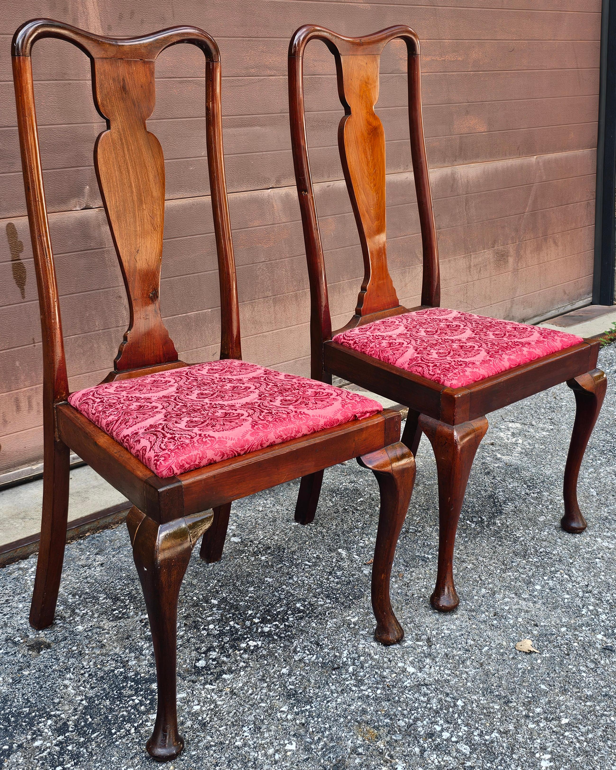 Upholstery Set of Three Mid Century Queen Anne Style Mahogany & Upholstered Dinning Chairs For Sale
