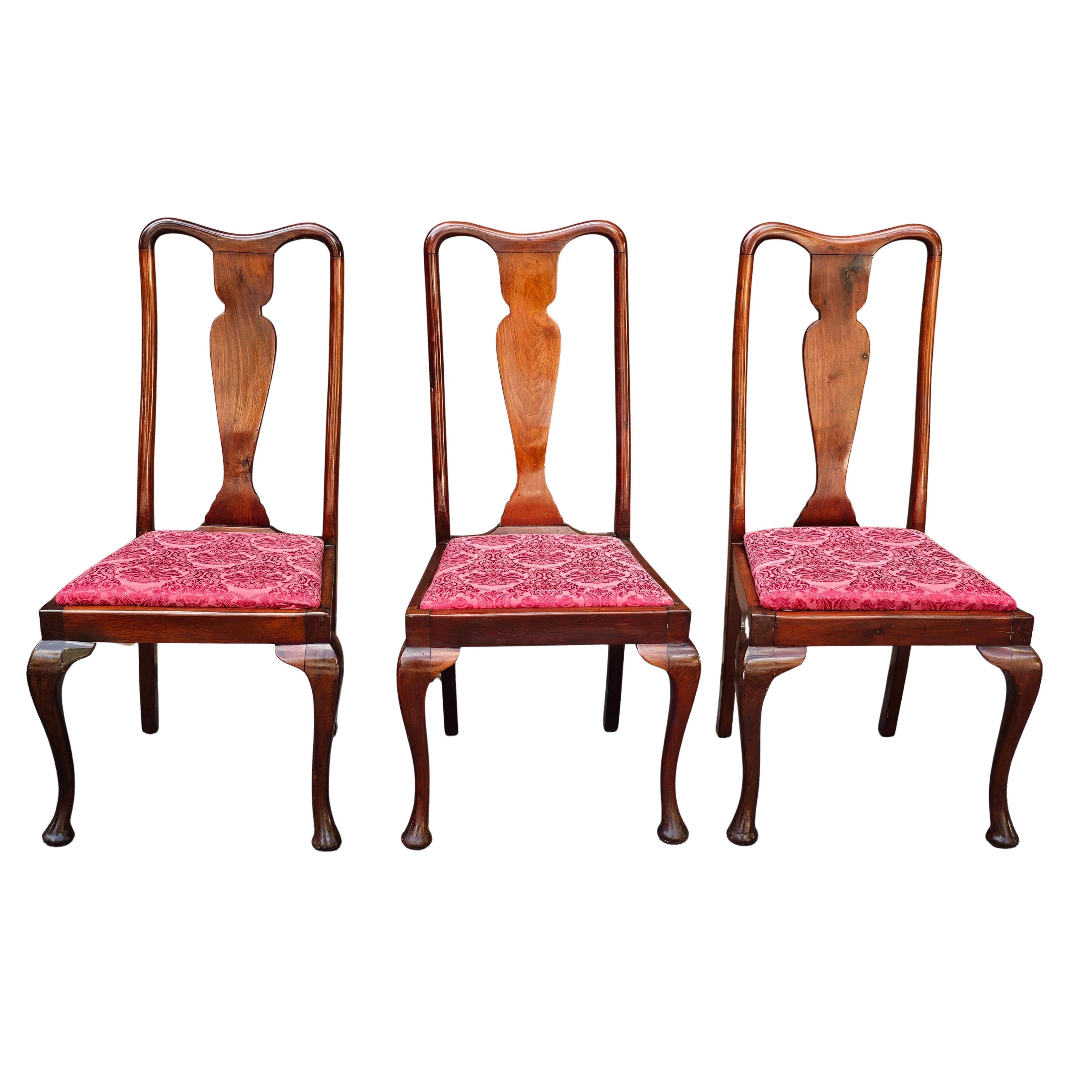 Set of Three Mid Century Queen Anne Style Mahogany & Upholstered Dinning Chairs For Sale