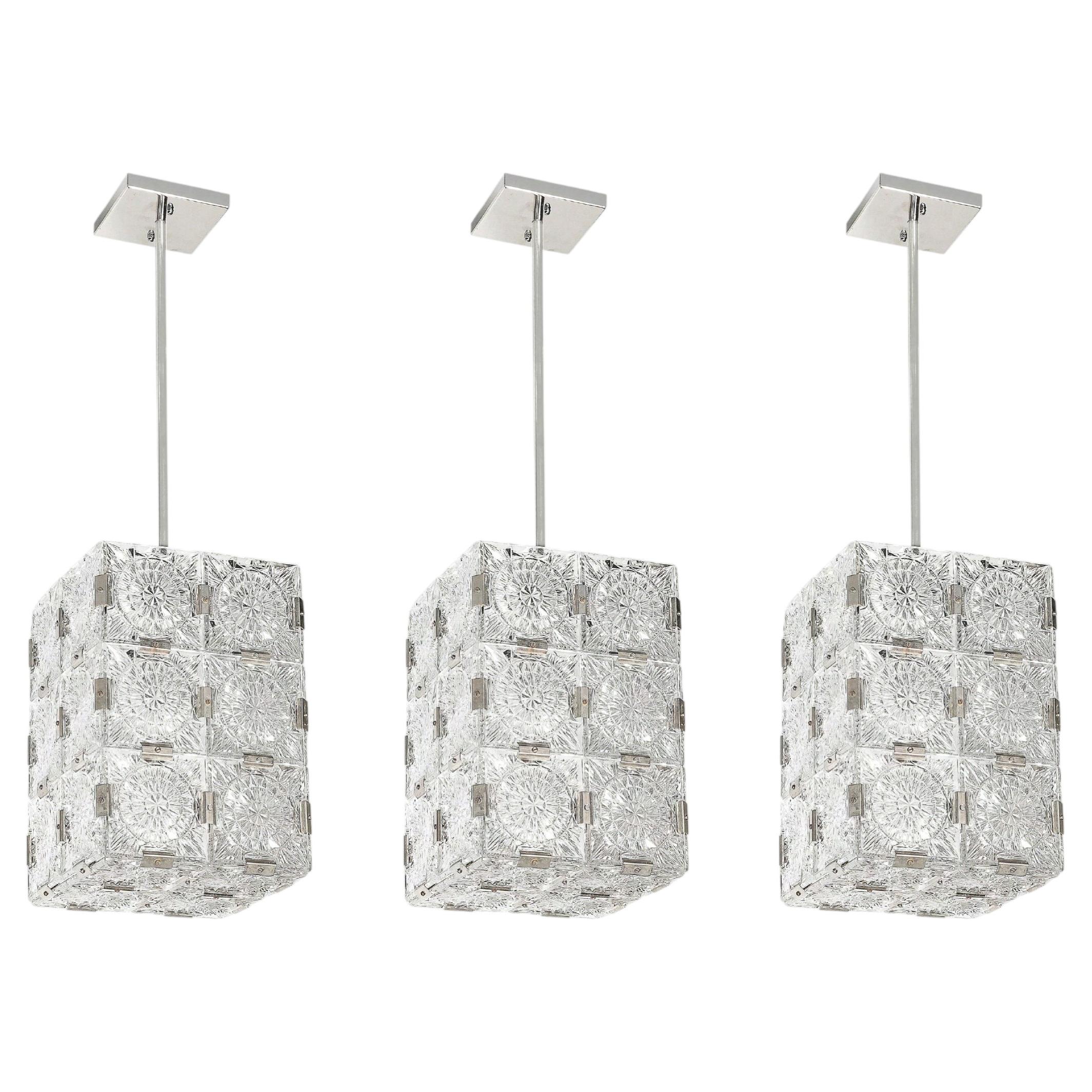 Set of Three Mid-Century Rectangular Faceted Cut Crystal Pendants by Kinkeldey