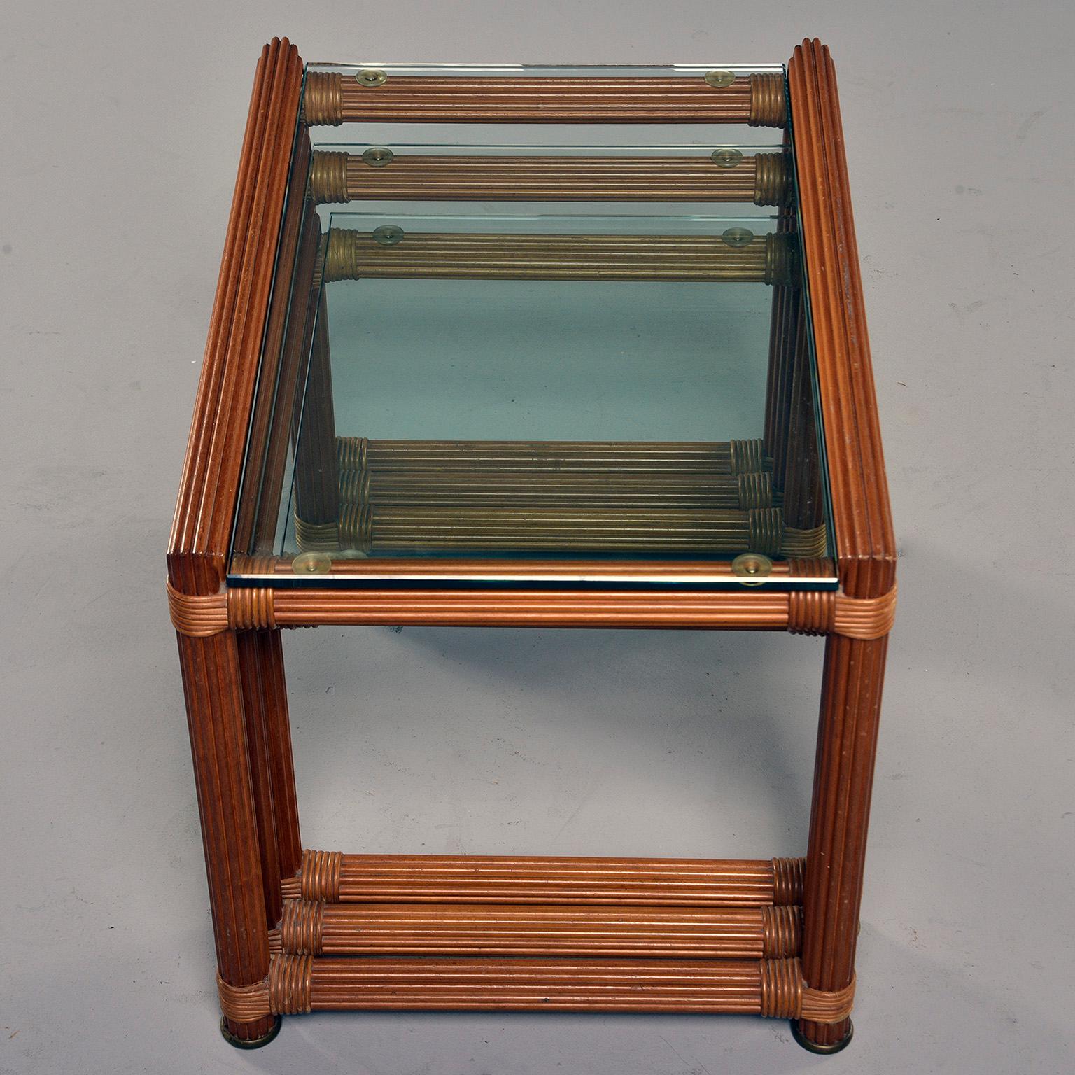 Set of Three Midcentury Reeded Wood and Glass Topped Nesting Tables 5