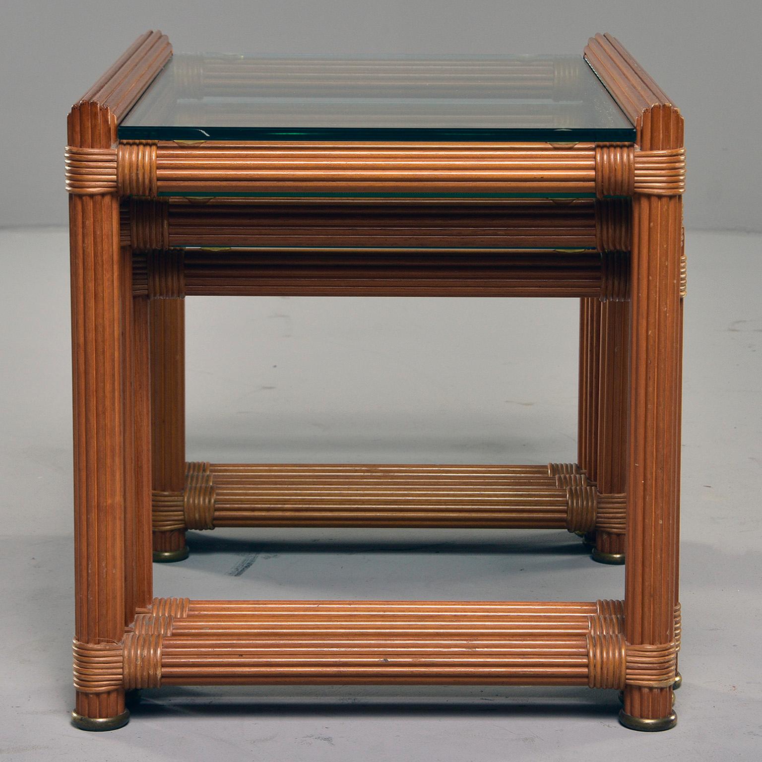 Set of Three Midcentury Reeded Wood and Glass Topped Nesting Tables 7