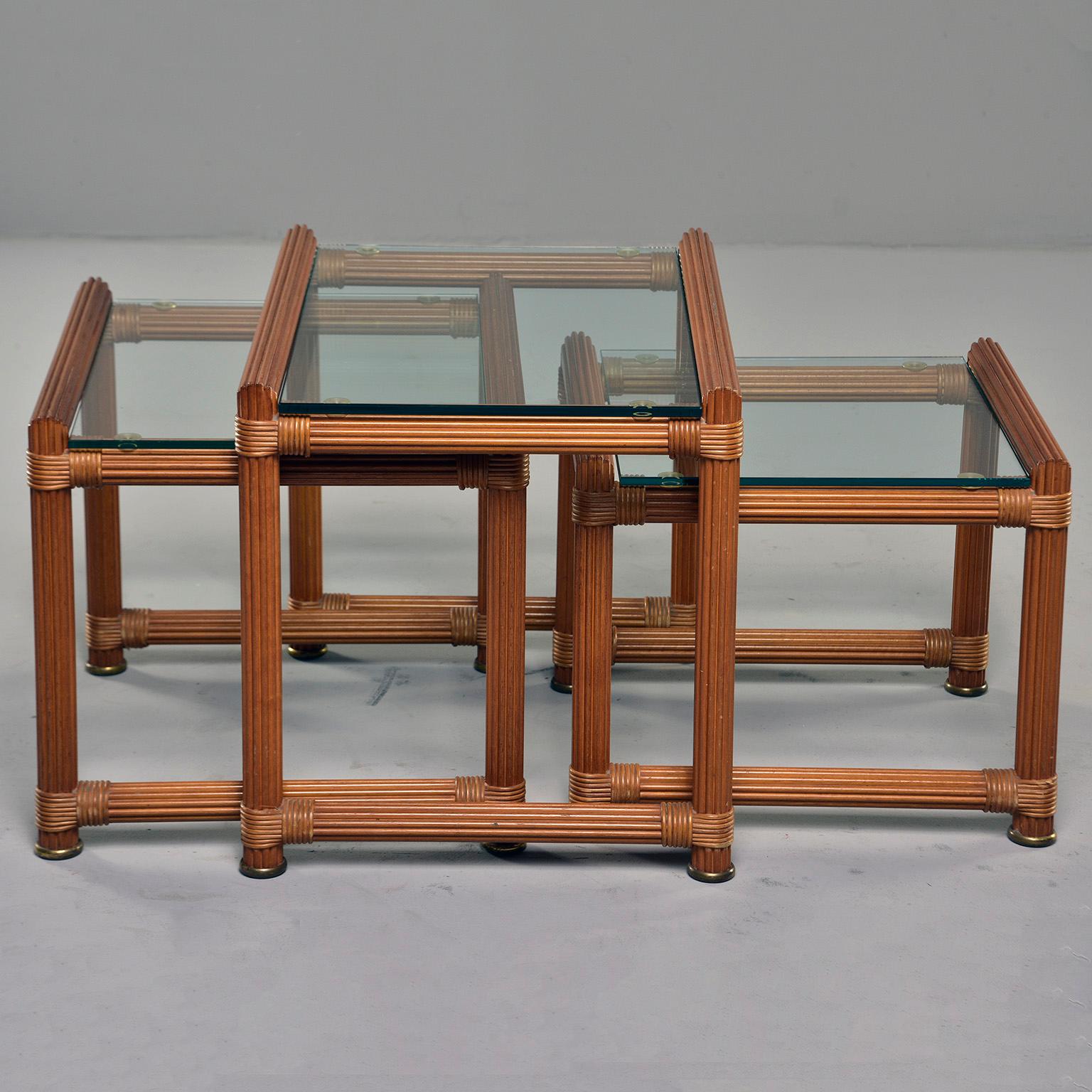 European Set of Three Midcentury Reeded Wood and Glass Topped Nesting Tables