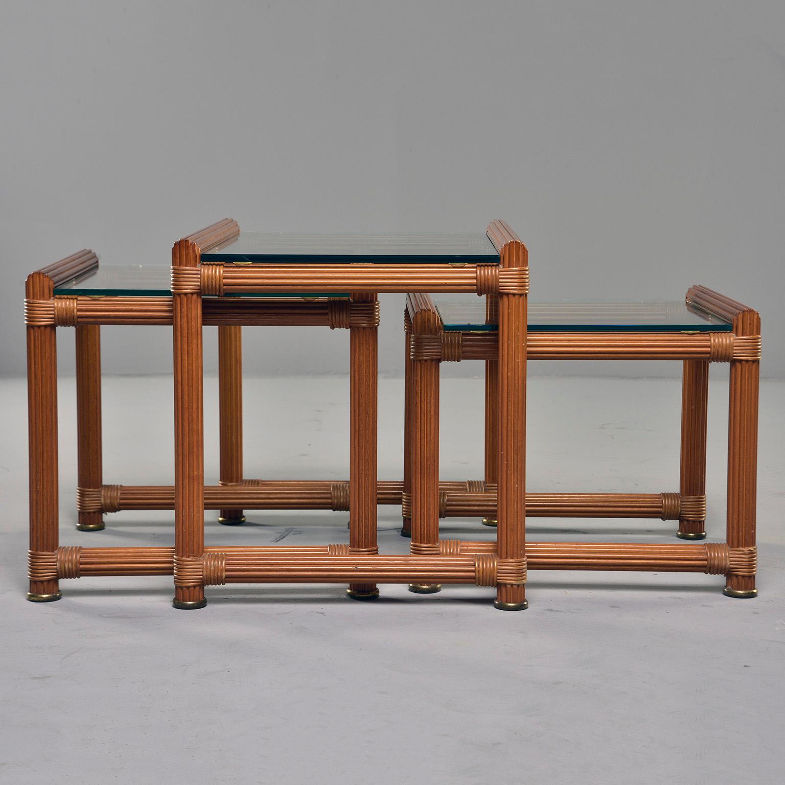 20th Century Set of Three Midcentury Reeded Wood and Glass Topped Nesting Tables