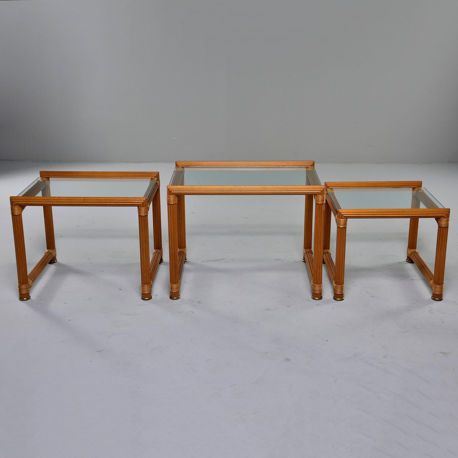 Set of Three Midcentury Reeded Wood and Glass Topped Nesting Tables 1