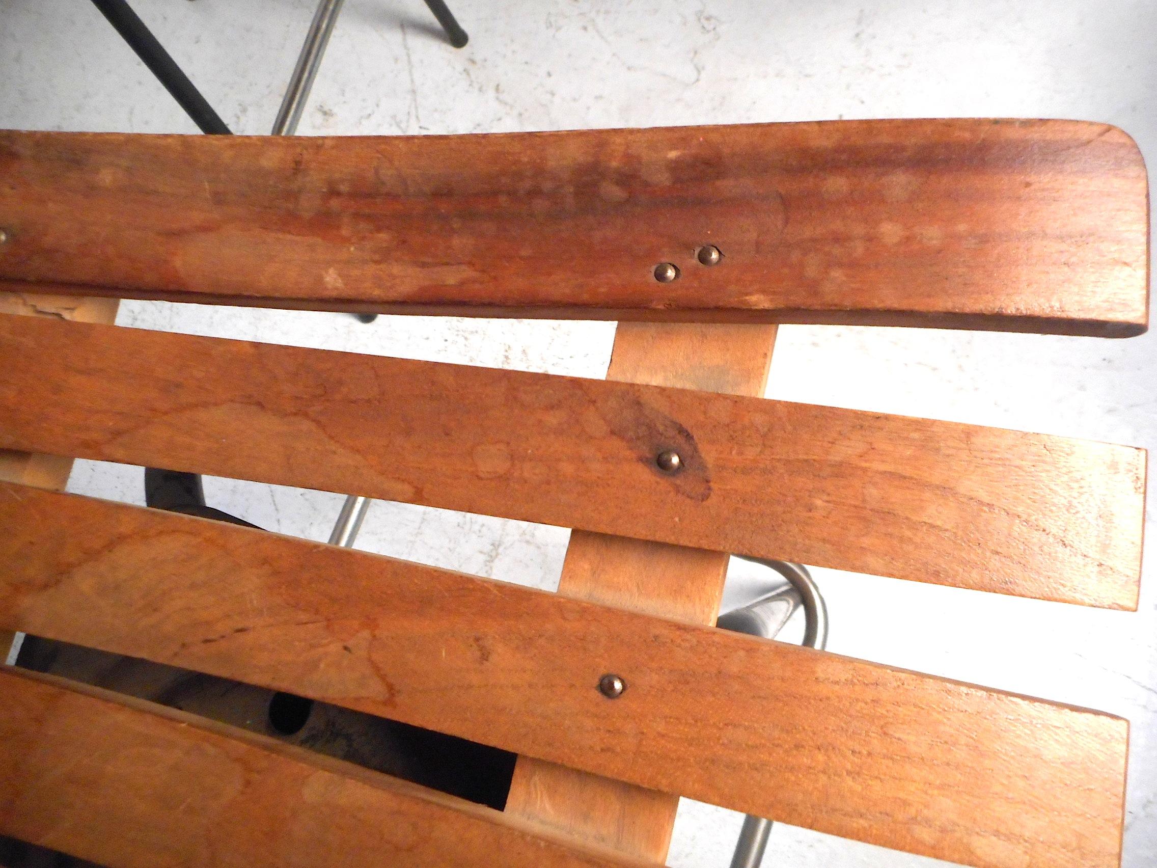 Set of Three Midcentury Slat-Back Swivel Bar Stools after Umanoff 2