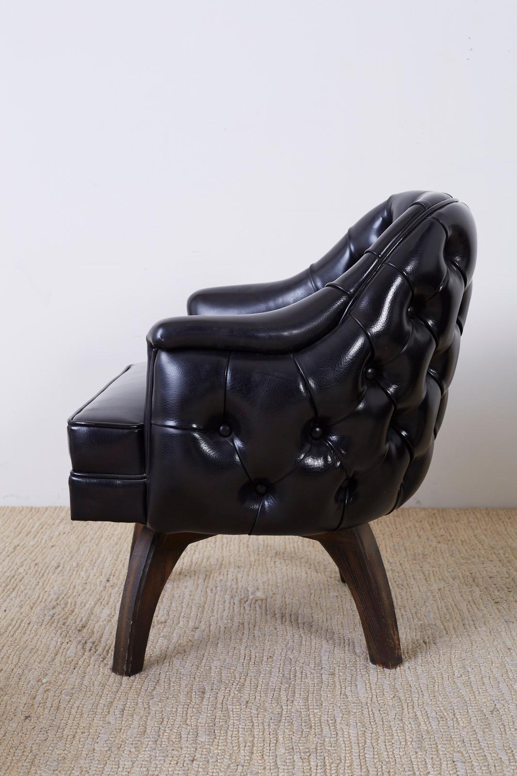 Set of Three Mid Century Tufted Black Leatherette Club Chairs For Sale 6