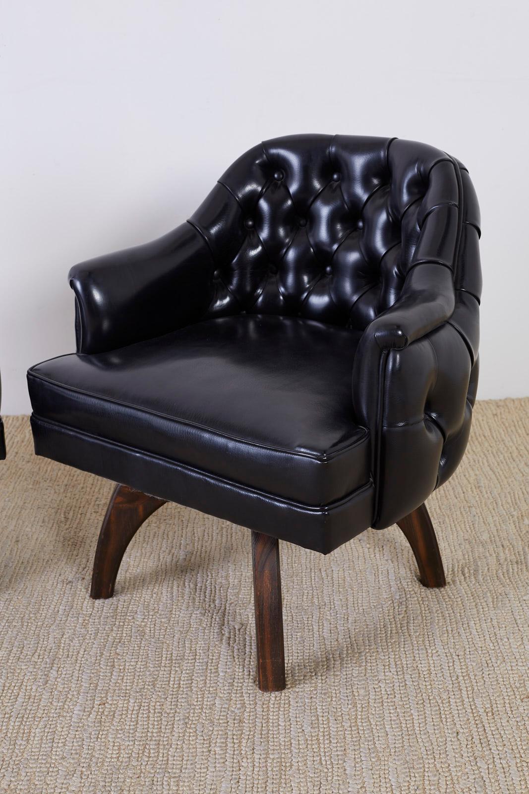 Metal Set of Three Mid Century Tufted Black Leatherette Club Chairs  For Sale