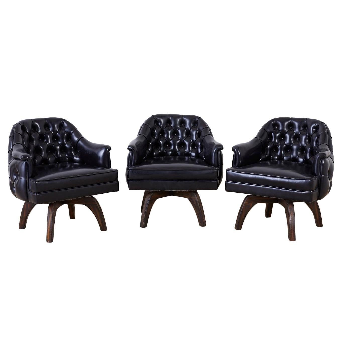 Set of Three Mid Century Tufted Black Leatherette Club Chairs  For Sale