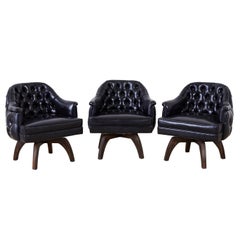 Set of Three Mid Century Tufted Black Leatherette Club Chairs 
