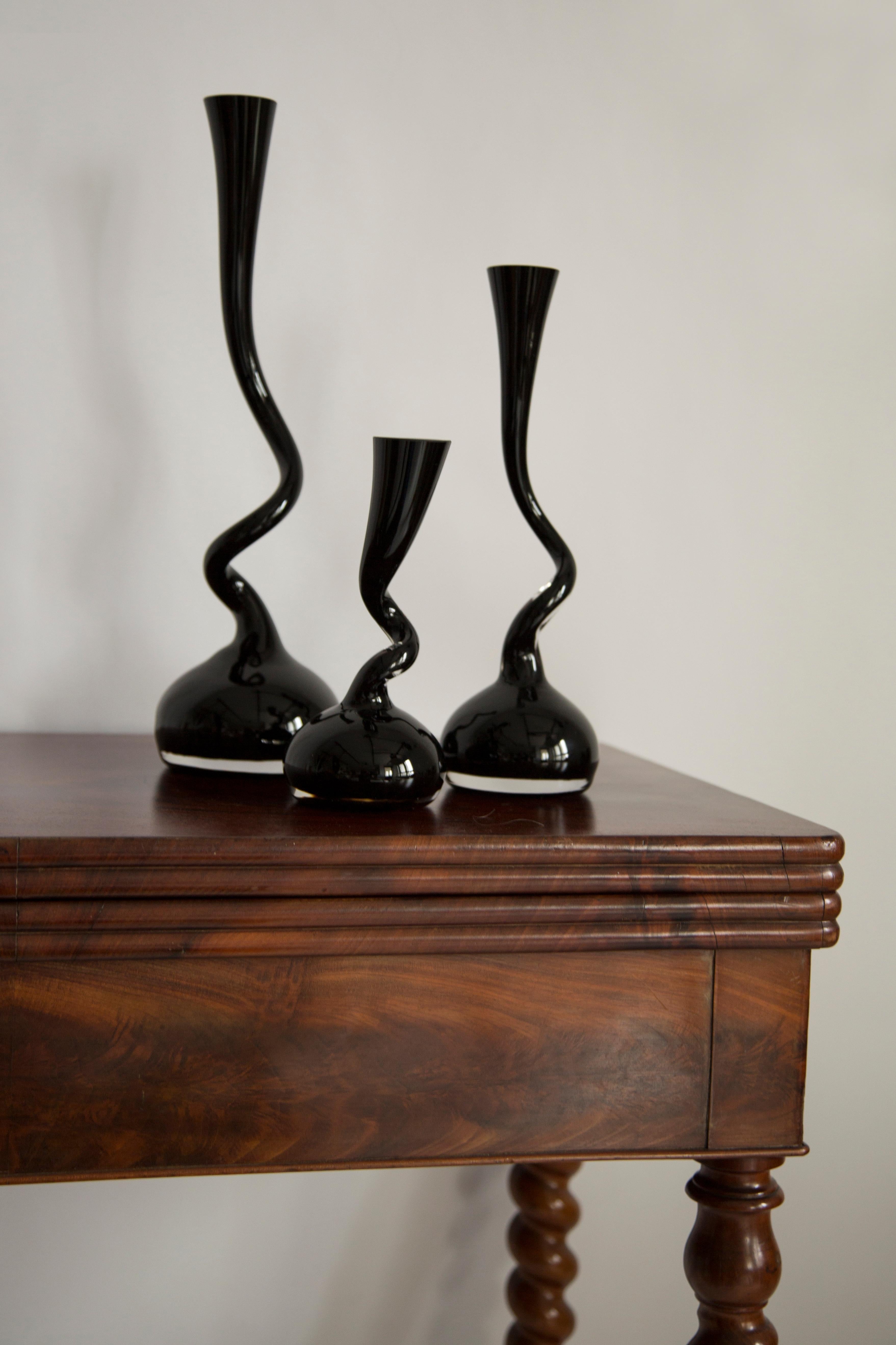 Italian Set of Three Mid Century Twisted Black Vases, Europe, 1960s