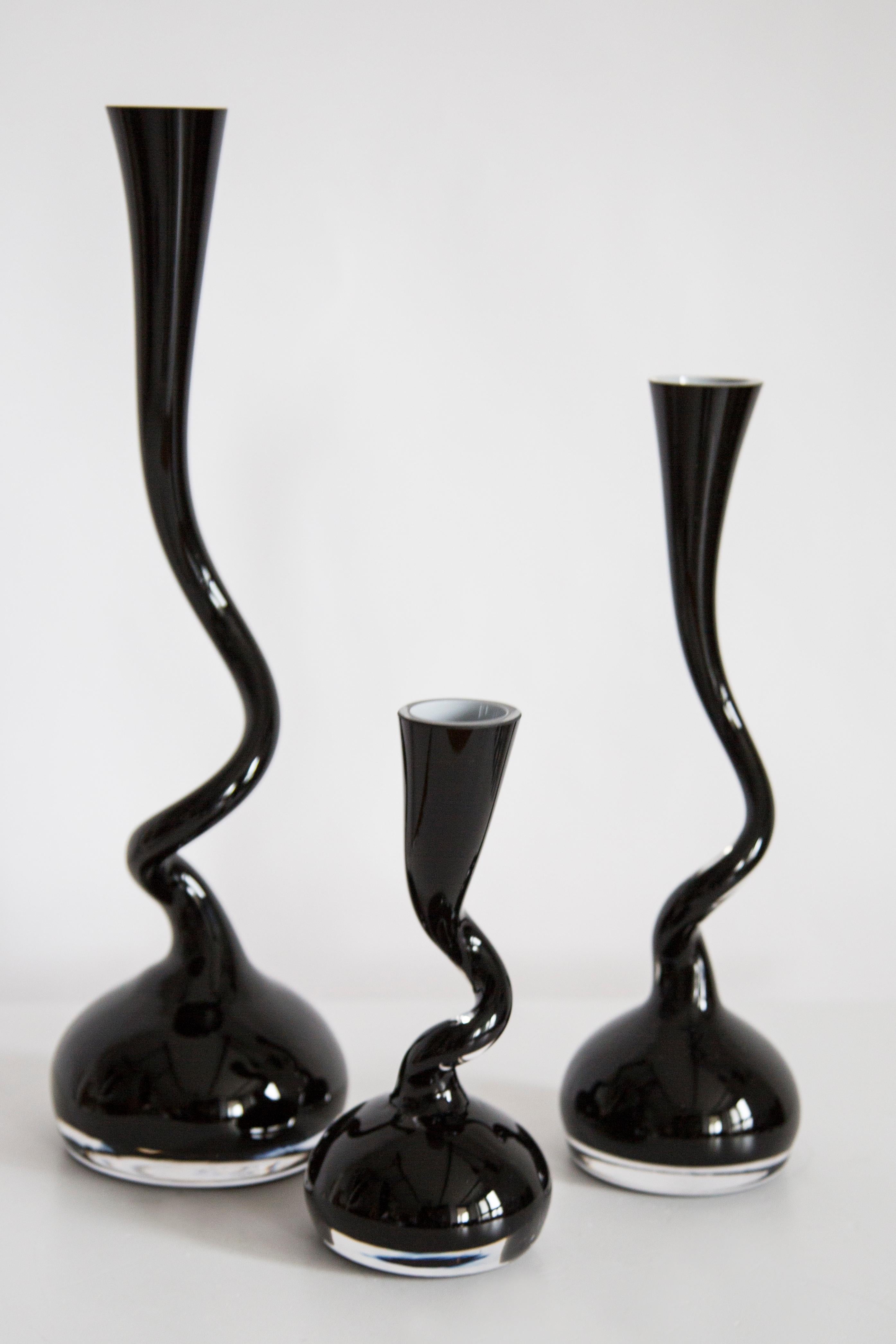 Glass Set of Three Mid Century Twisted Black Vases, Europe, 1960s