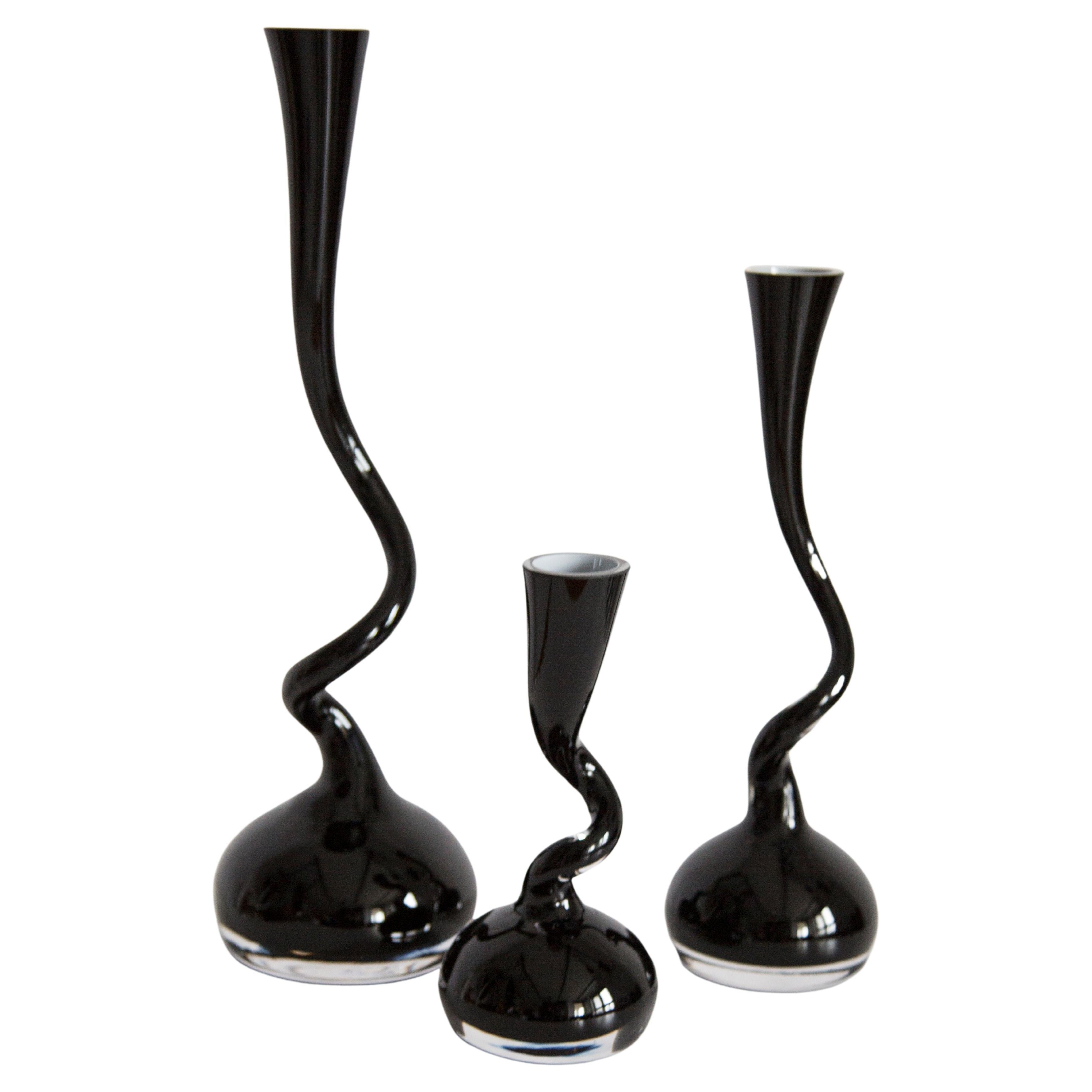 Set of Three Mid Century Twisted Black Vases, Europe, 1960s