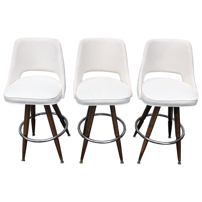 Set Of Three MidCentury White FauxSuede Bar Stools at 1stDibs set