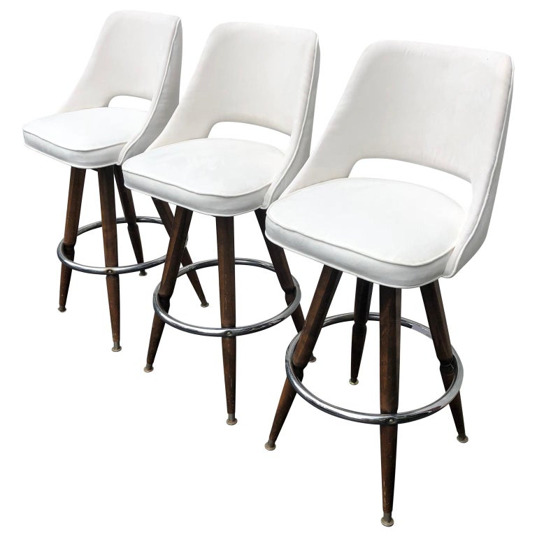 Set Of Three MidCentury White FauxSuede Bar Stools at 1stDibs set