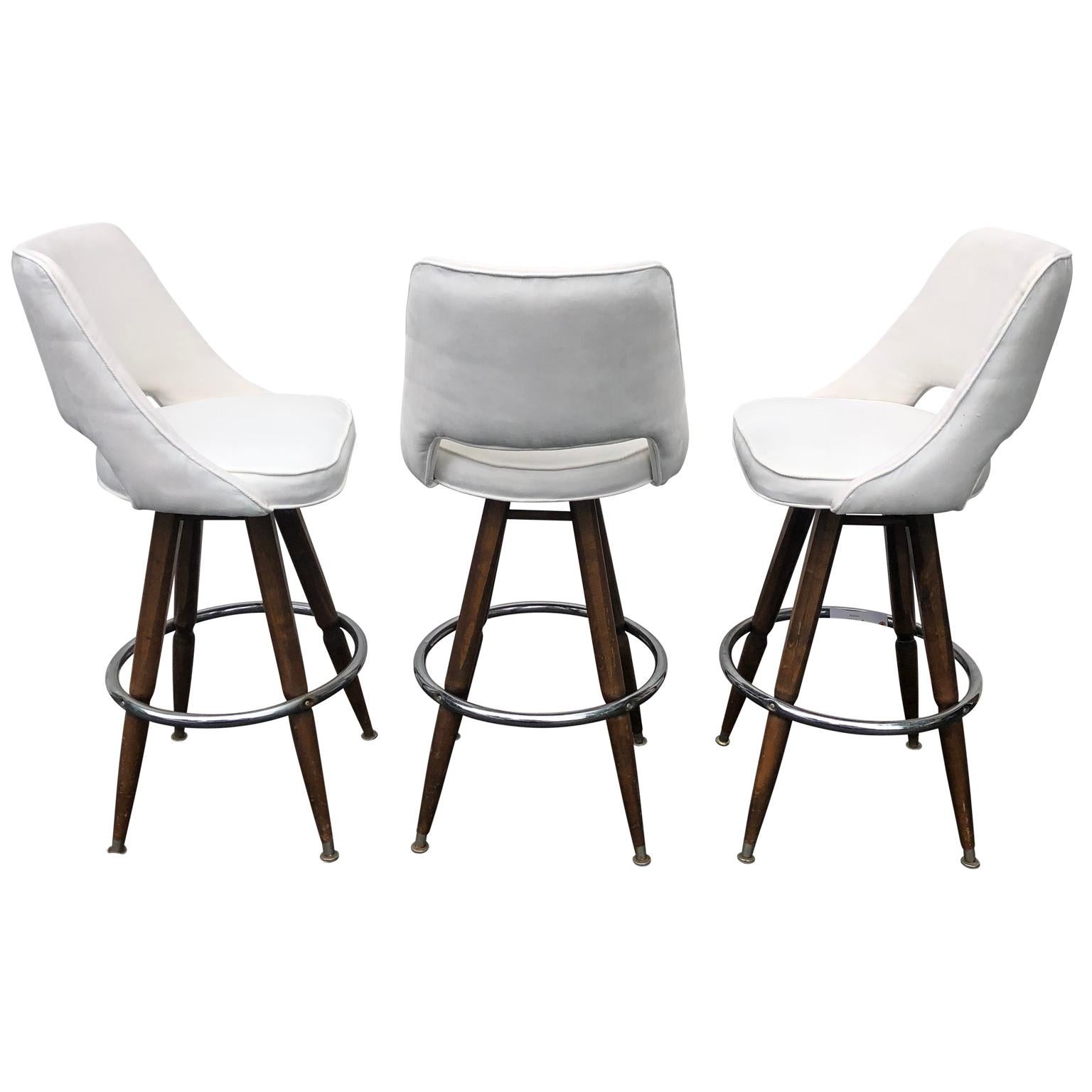 Mid-Century Modern Set Of Three Mid-Century White Faux-Suede Bar Stools