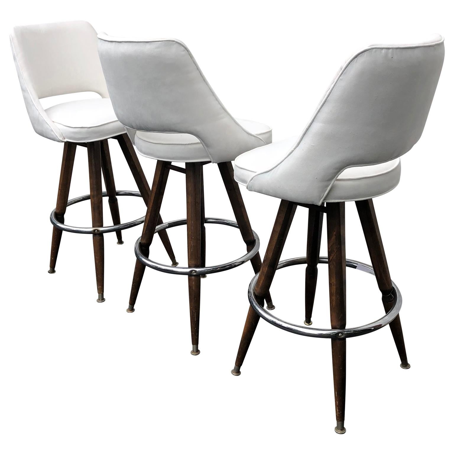 American Set Of Three Mid-Century White Faux-Suede Bar Stools