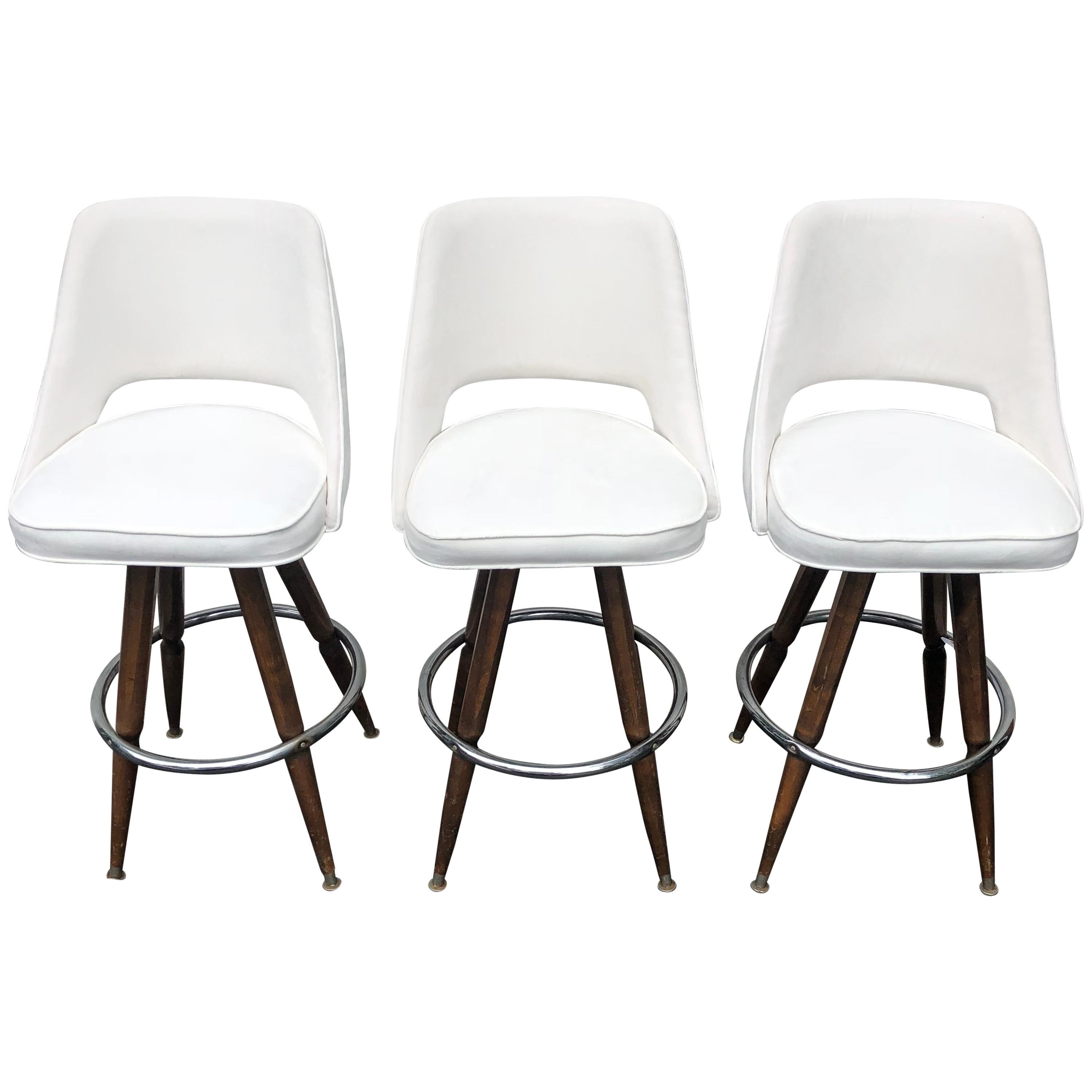 Set Of Three Mid-Century White Faux-Suede Bar Stools